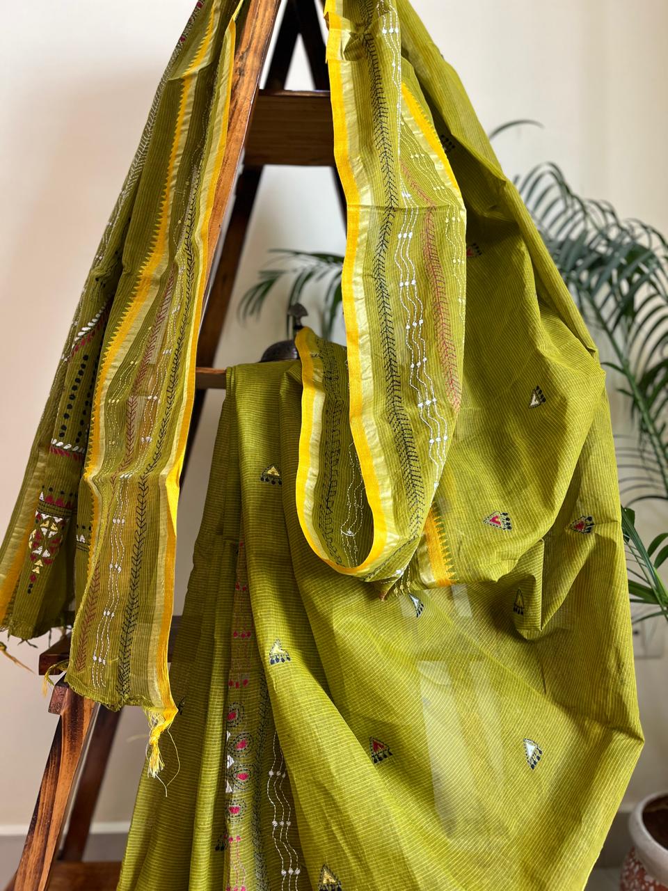 Beautiful Pure Cotton Saree with Hand Embroidered Kantha Work - Green