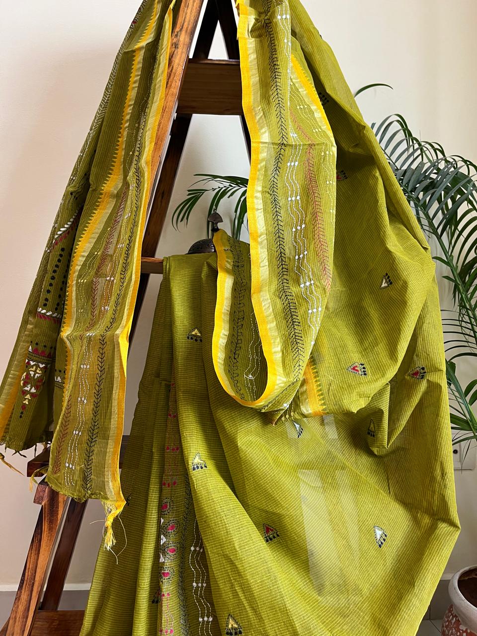 Beautiful Pure Cotton Saree with Hand Embroidered Kantha Work - Green