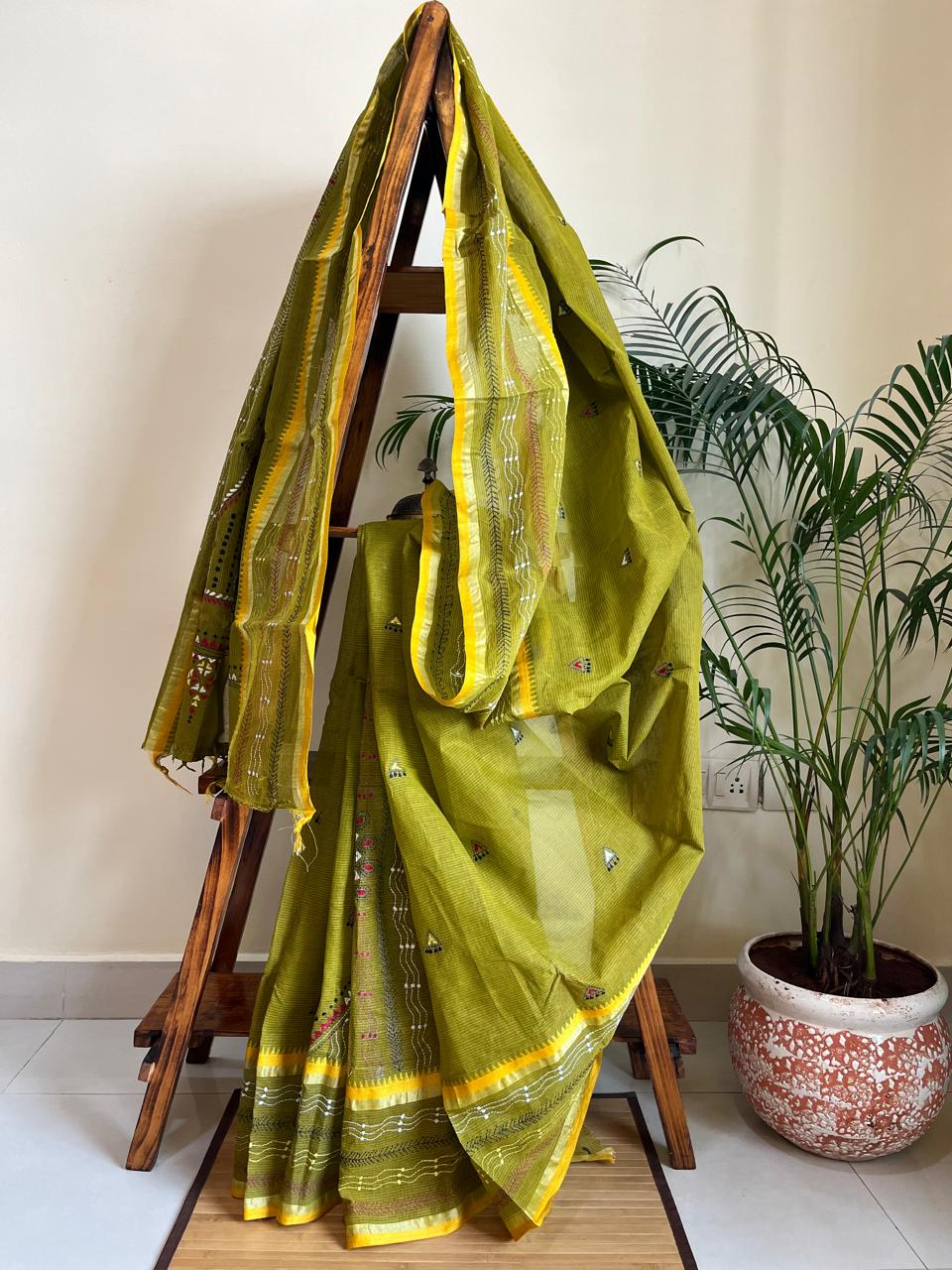 Beautiful Pure Cotton Saree with Hand Embroidered Kantha Work - Green
