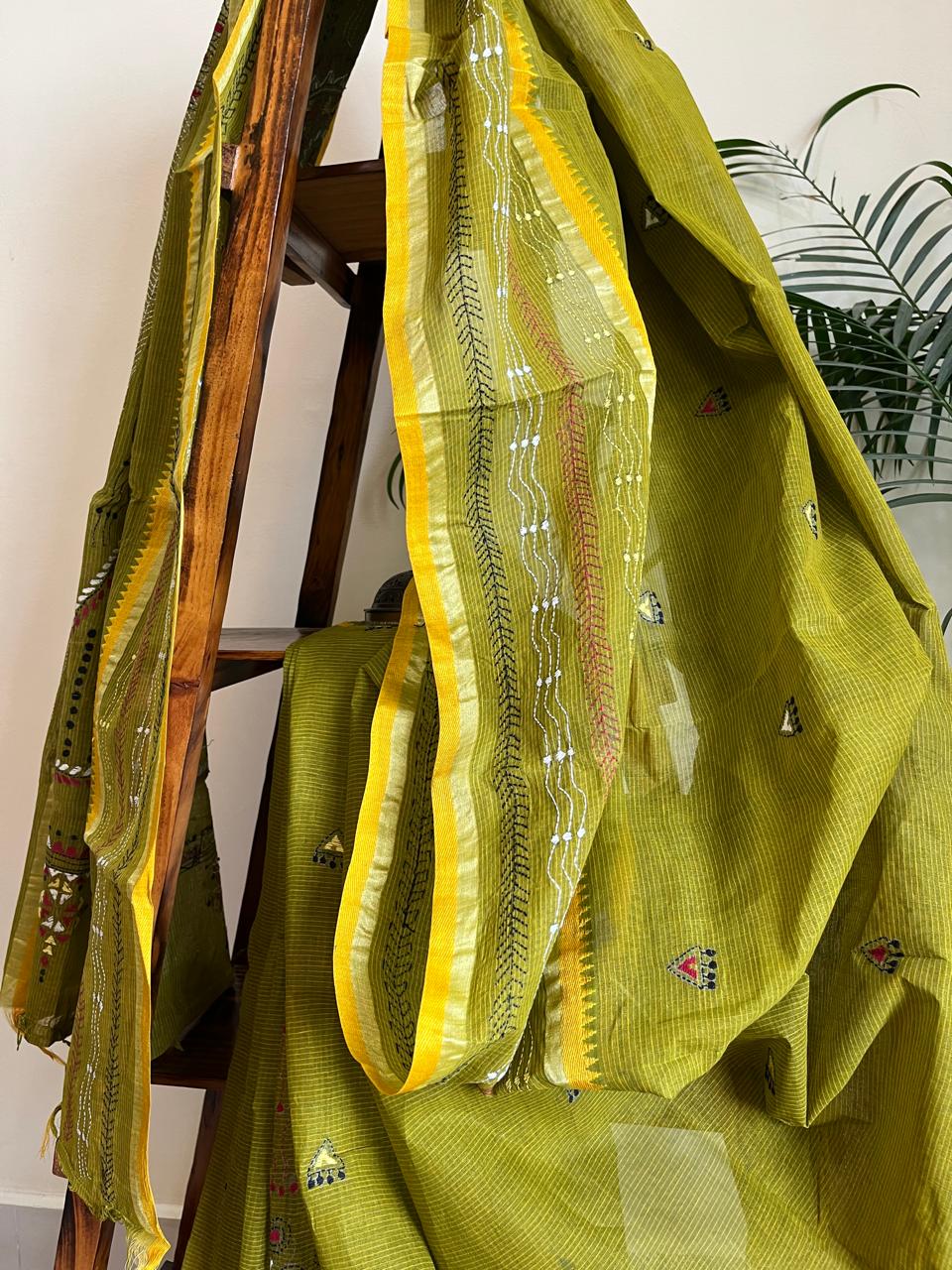 Beautiful Pure Cotton Saree with Hand Embroidered Kantha Work - Green