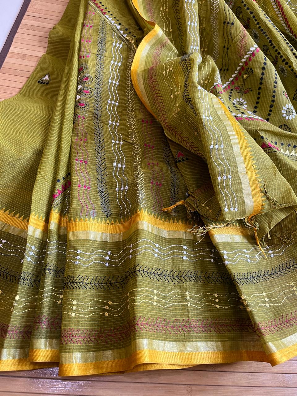 Beautiful Pure Cotton Saree with Hand Embroidered Kantha Work - Green