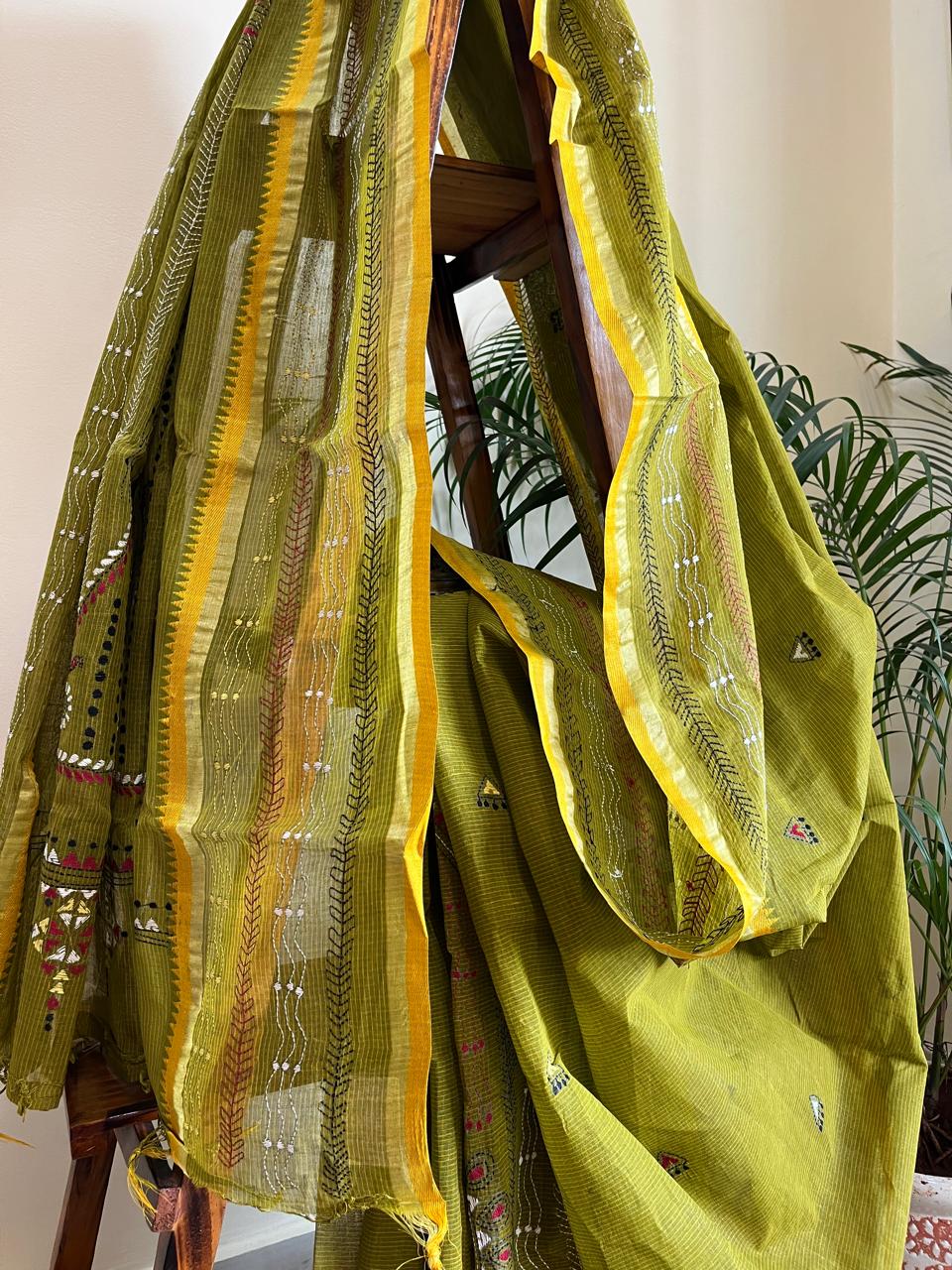 Beautiful Pure Cotton Saree with Hand Embroidered Kantha Work - Green