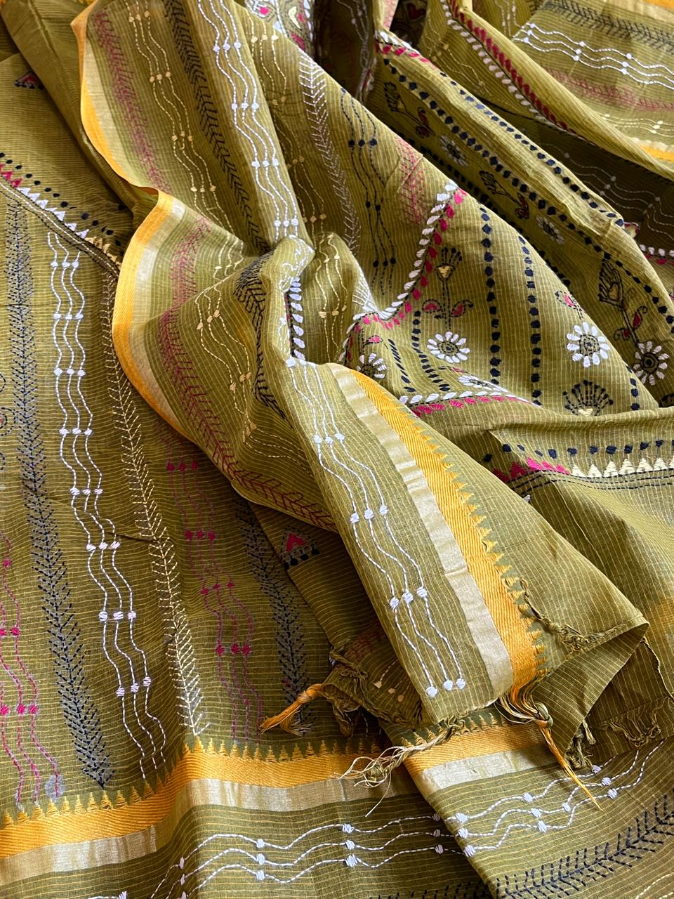 Beautiful Pure Cotton Saree with Hand Embroidered Kantha Work - Green