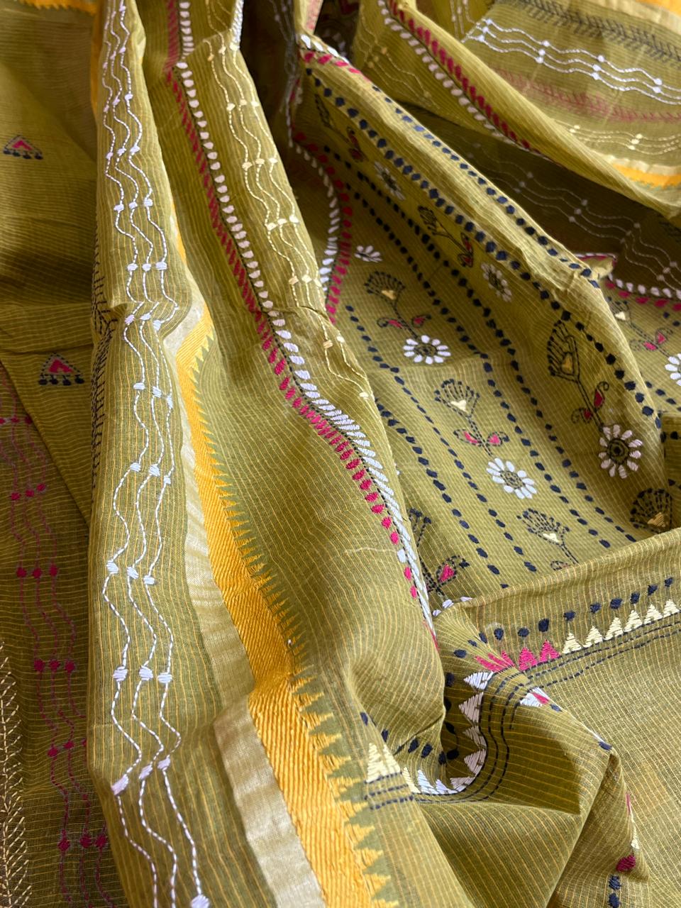 Beautiful Pure Cotton Saree with Hand Embroidered Kantha Work - Green