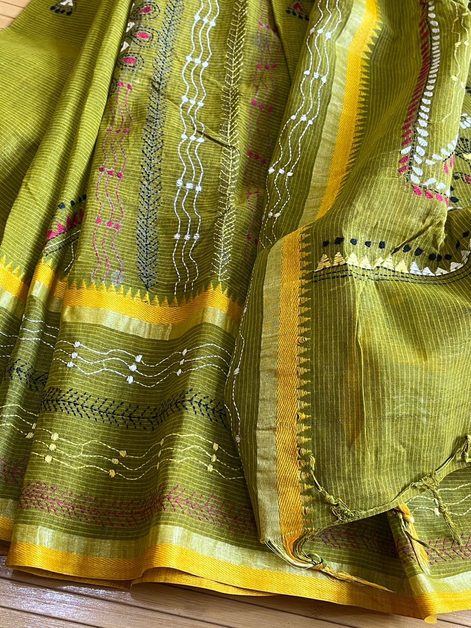 Beautiful Pure Cotton Saree with Hand Embroidered Kantha Work - Green