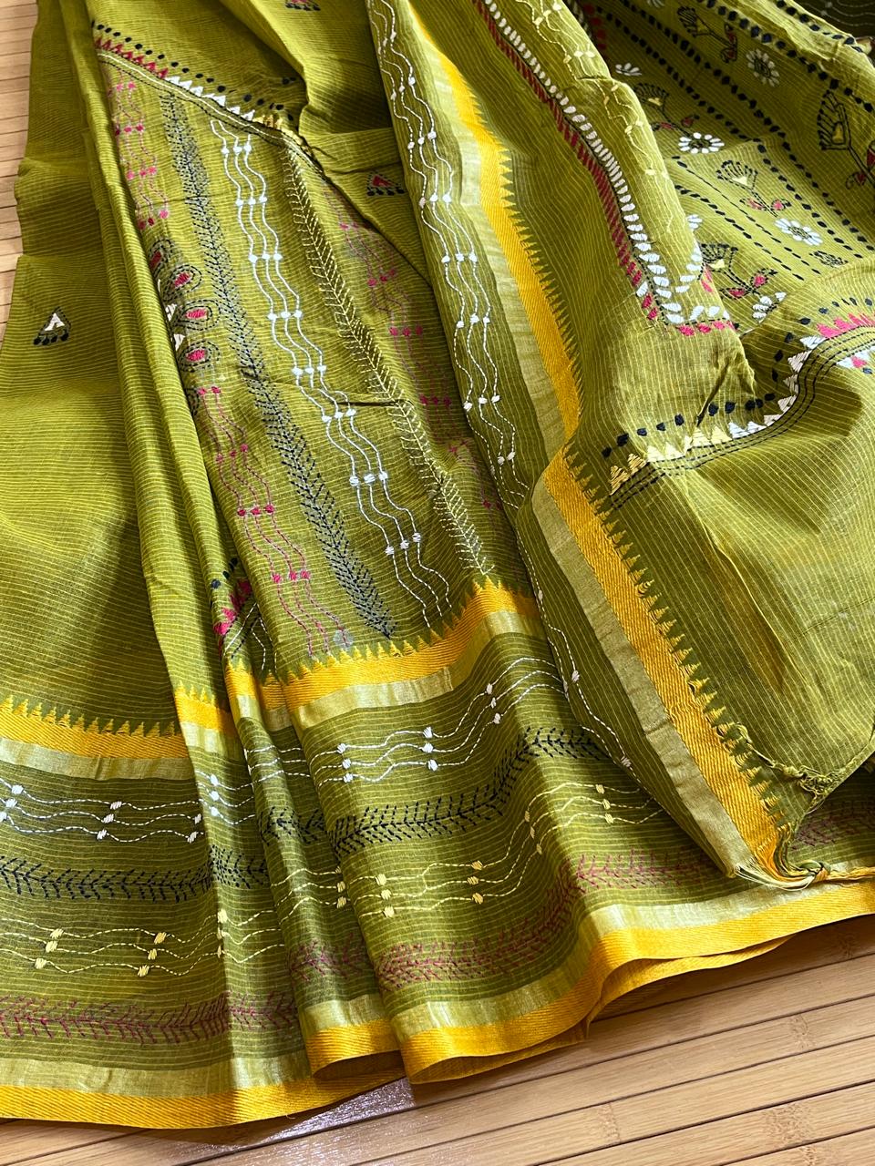 Beautiful Pure Cotton Saree with Hand Embroidered Kantha Work - Green