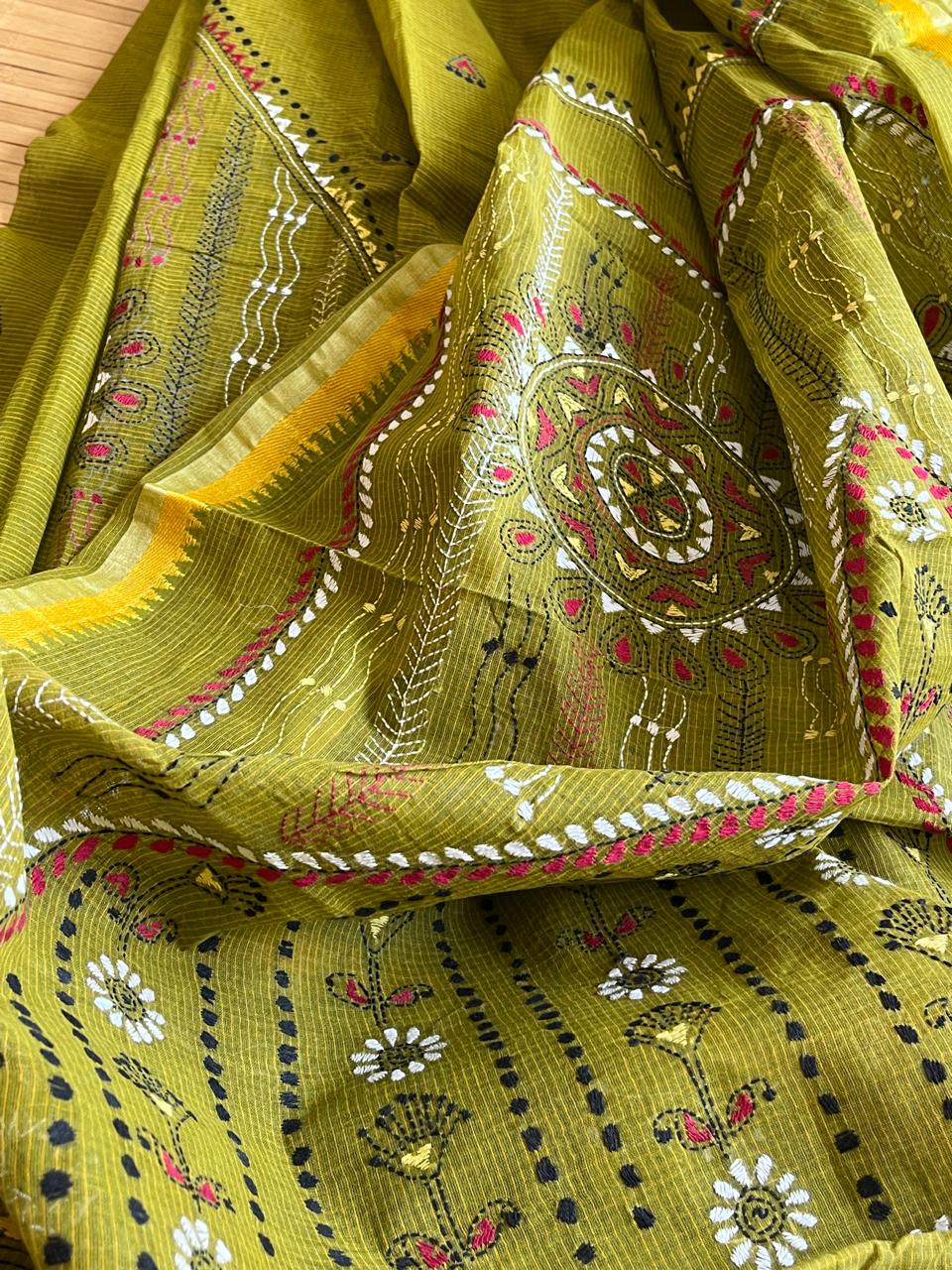 Beautiful Pure Cotton Saree with Hand Embroidered Kantha Work - Green