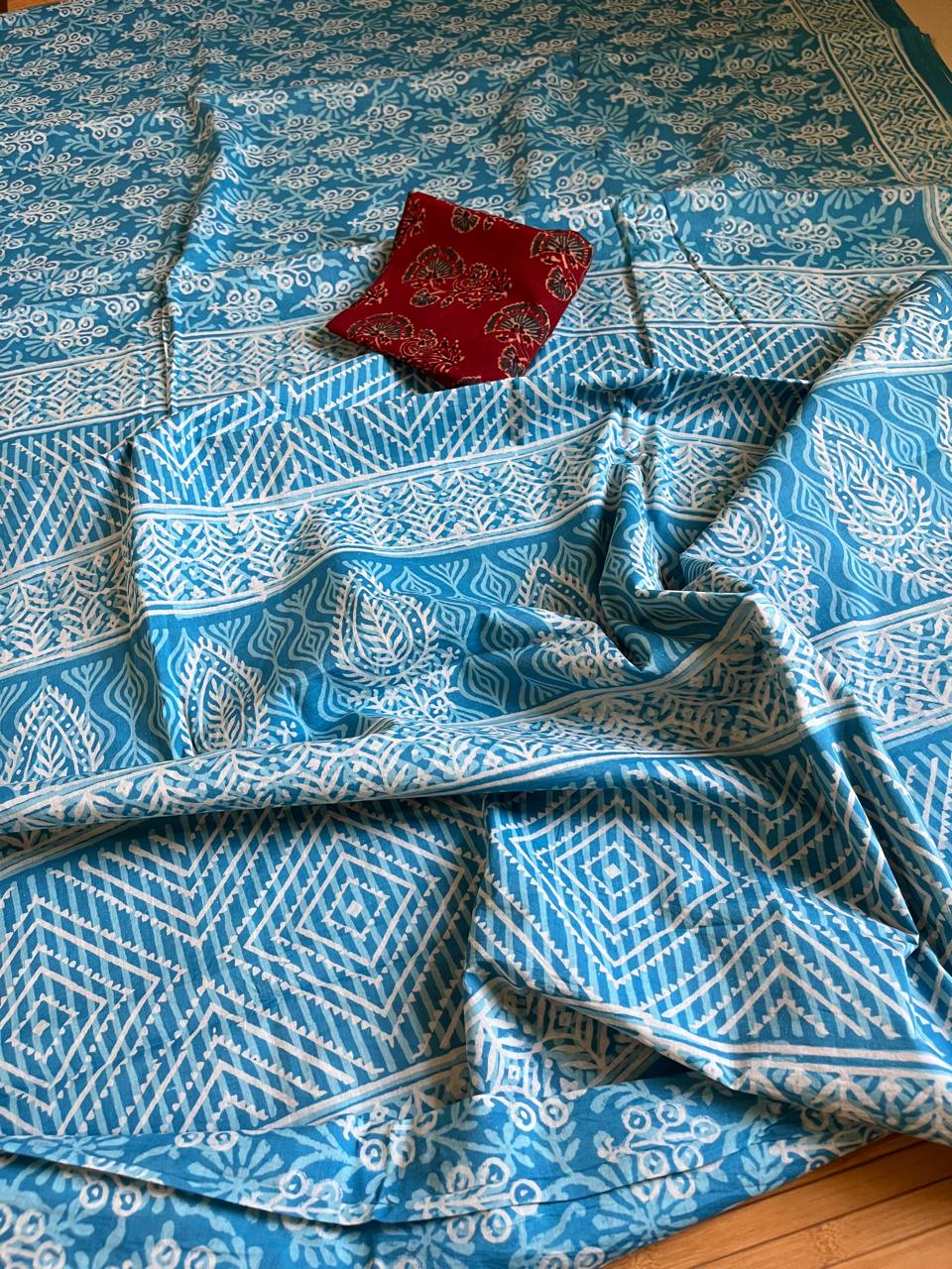 Pure Mul cotton Handblock Printed Saree with complimentary AJRAKH blouse - Sky Blue