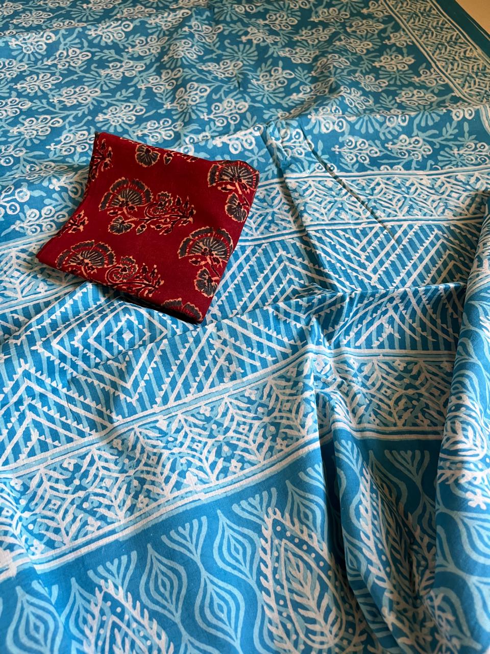 Pure Mul cotton Handblock Printed Saree with complimentary AJRAKH blouse - Sky Blue