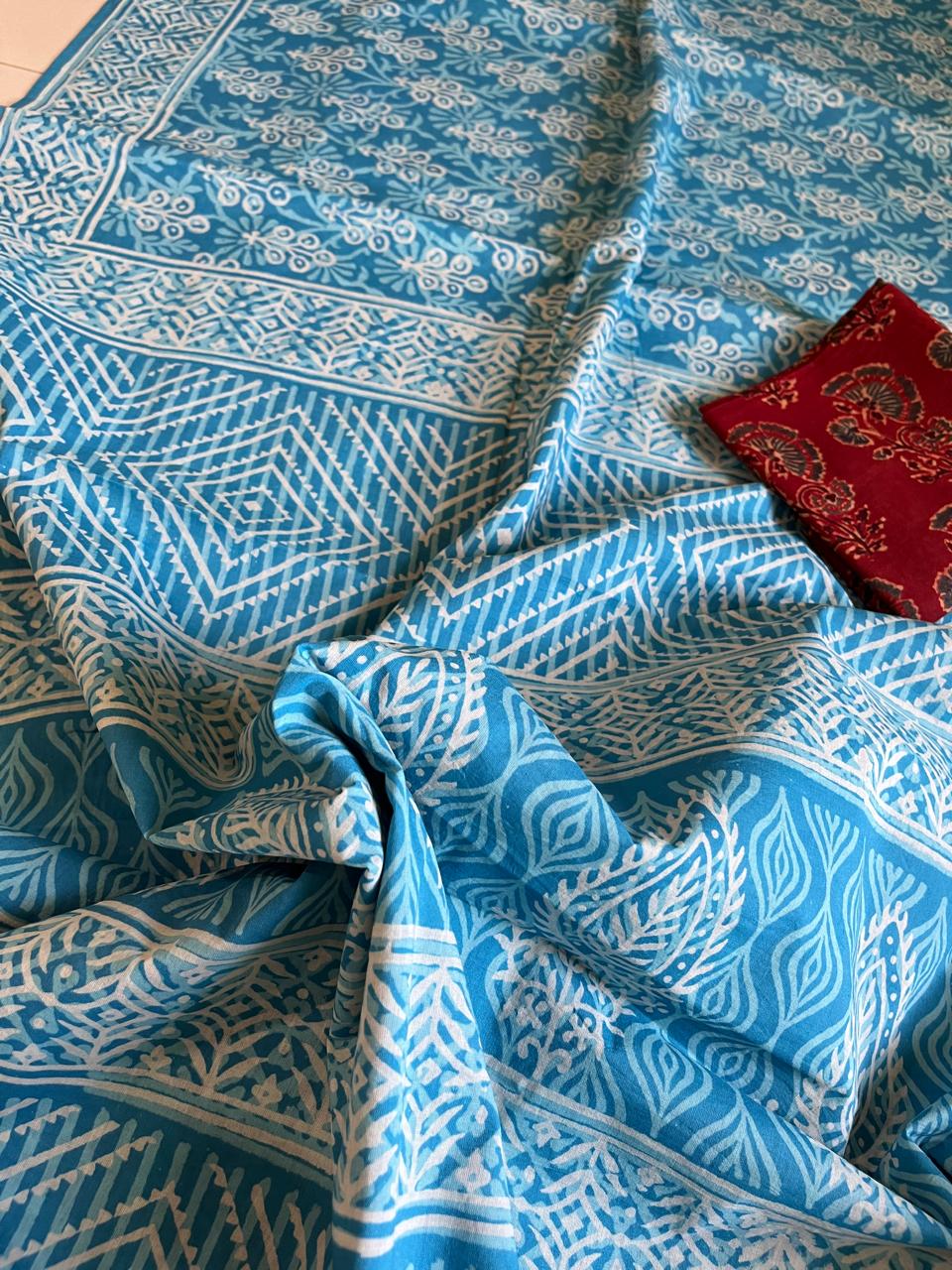 Pure Mul cotton Handblock Printed Saree with complimentary AJRAKH blouse - Sky Blue