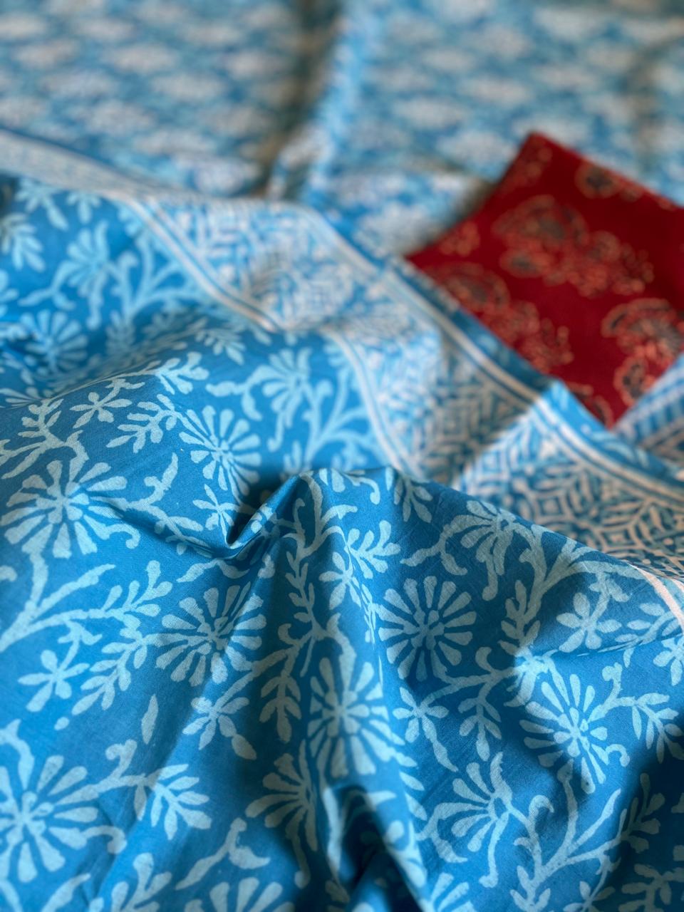 Pure Mul cotton Handblock Printed Saree with complimentary AJRAKH blouse - Sky Blue
