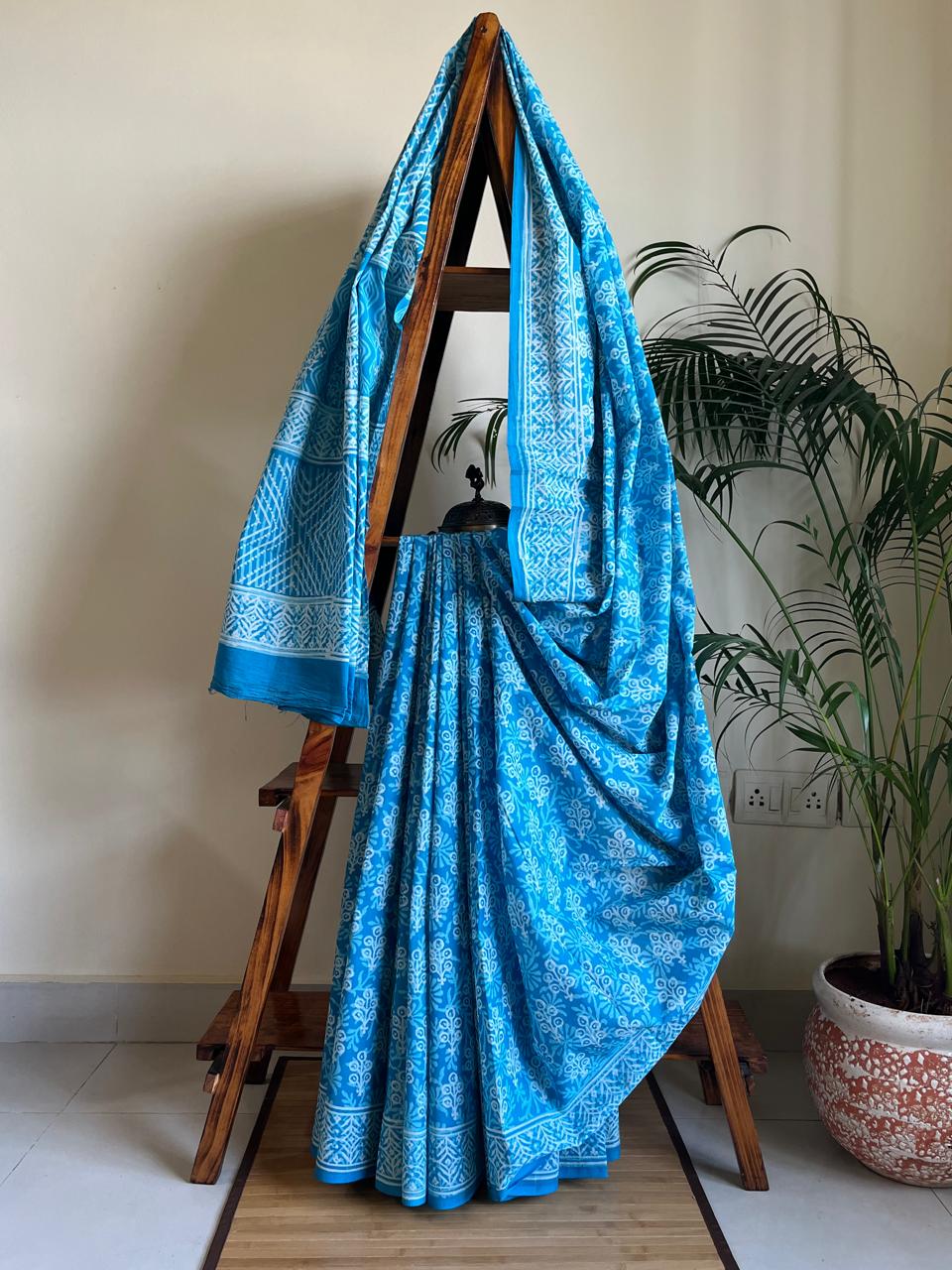 Pure Mul cotton Handblock Printed Saree with complimentary AJRAKH blouse - Sky Blue