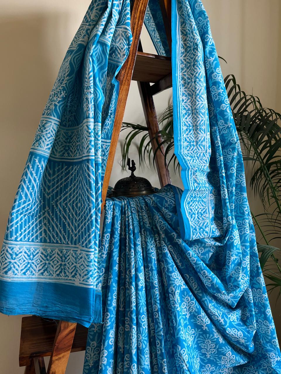 Pure Mul cotton Handblock Printed Saree with complimentary AJRAKH blouse - Sky Blue