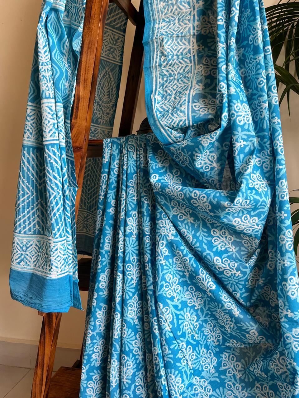 Pure Mul cotton Handblock Printed Saree with complimentary AJRAKH blouse - Sky Blue