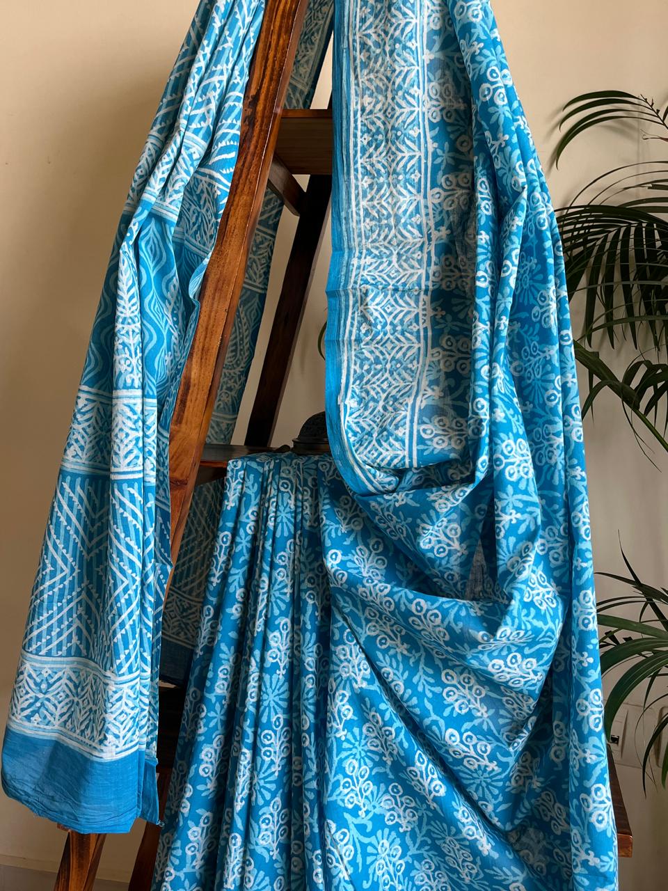 Pure Mul cotton Handblock Printed Saree with complimentary AJRAKH blouse - Sky Blue