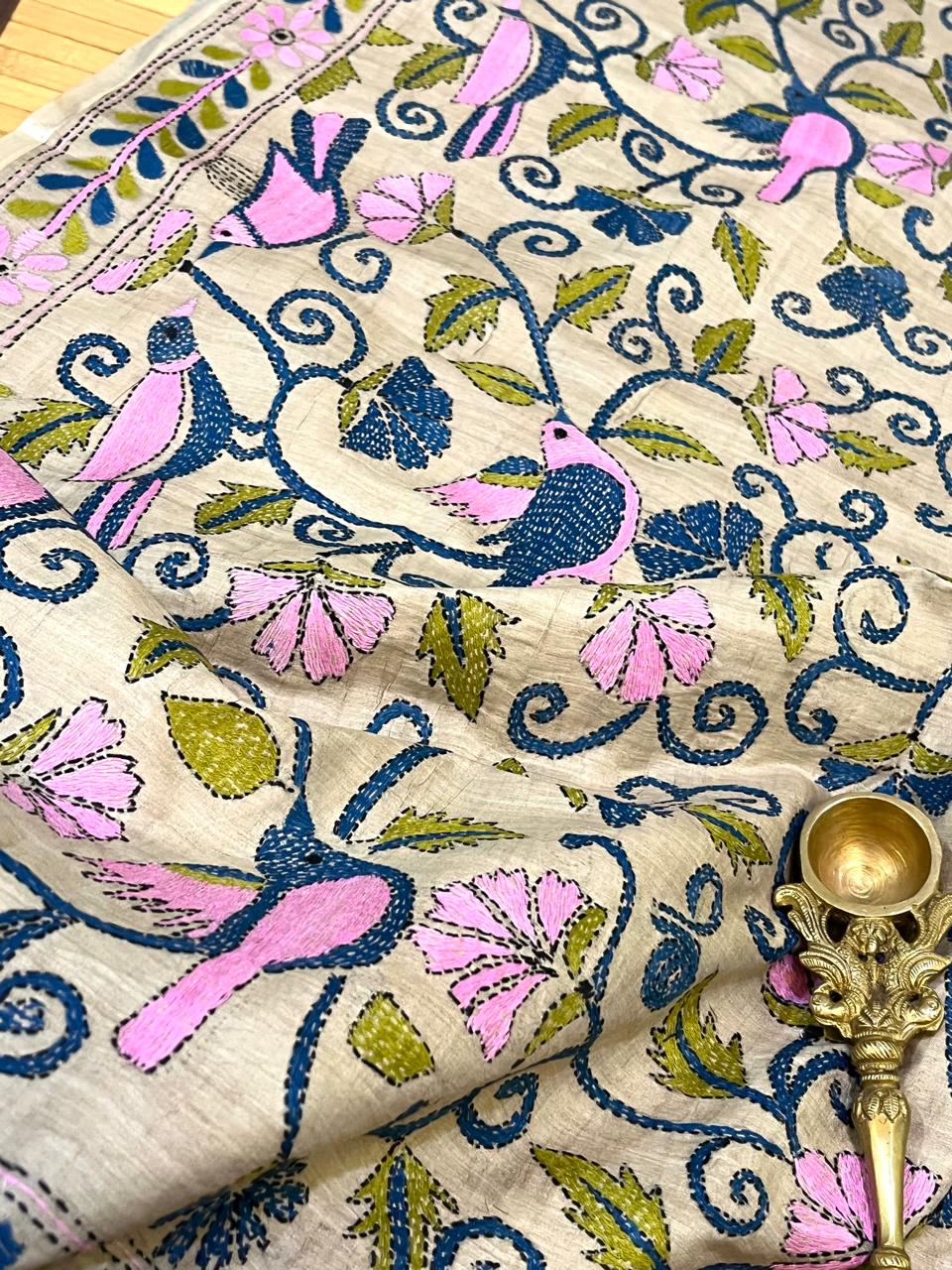 Pure Tussar Silk Handwoven Dupatta with intricate hand kantha embroidery - Multicolour