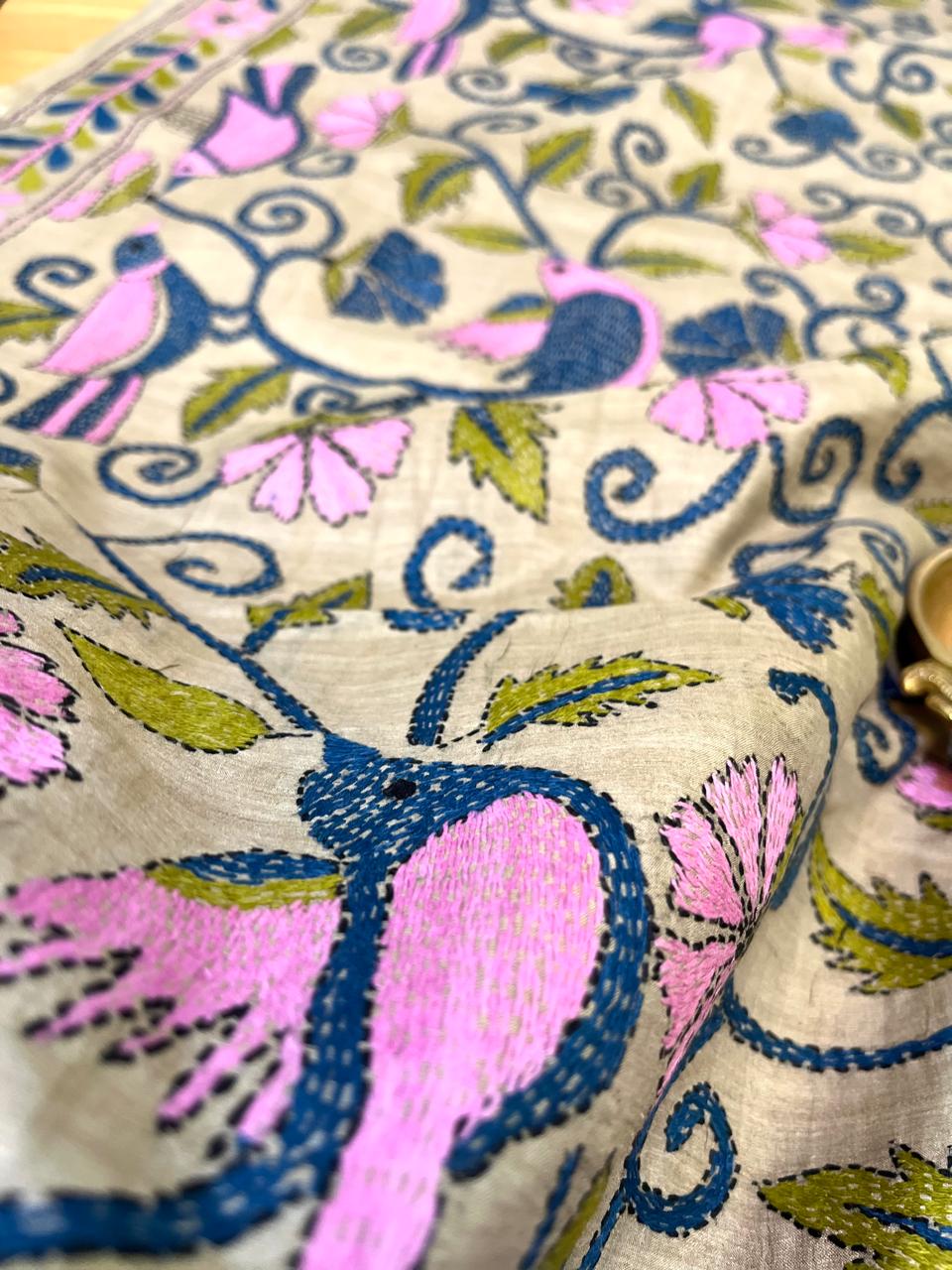 Pure Tussar Silk Handwoven Dupatta with intricate hand kantha embroidery - Multicolour