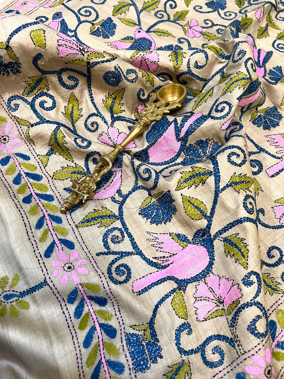 Pure Tussar Silk Handwoven Dupatta with intricate hand kantha embroidery - Multicolour