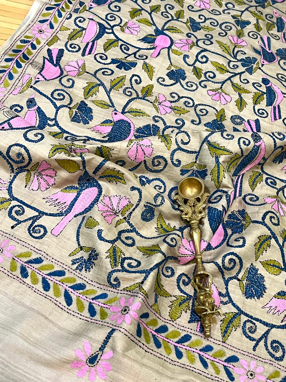 Pure Tussar Silk Handwoven Dupatta with intricate hand kantha embroidery - Multicolour