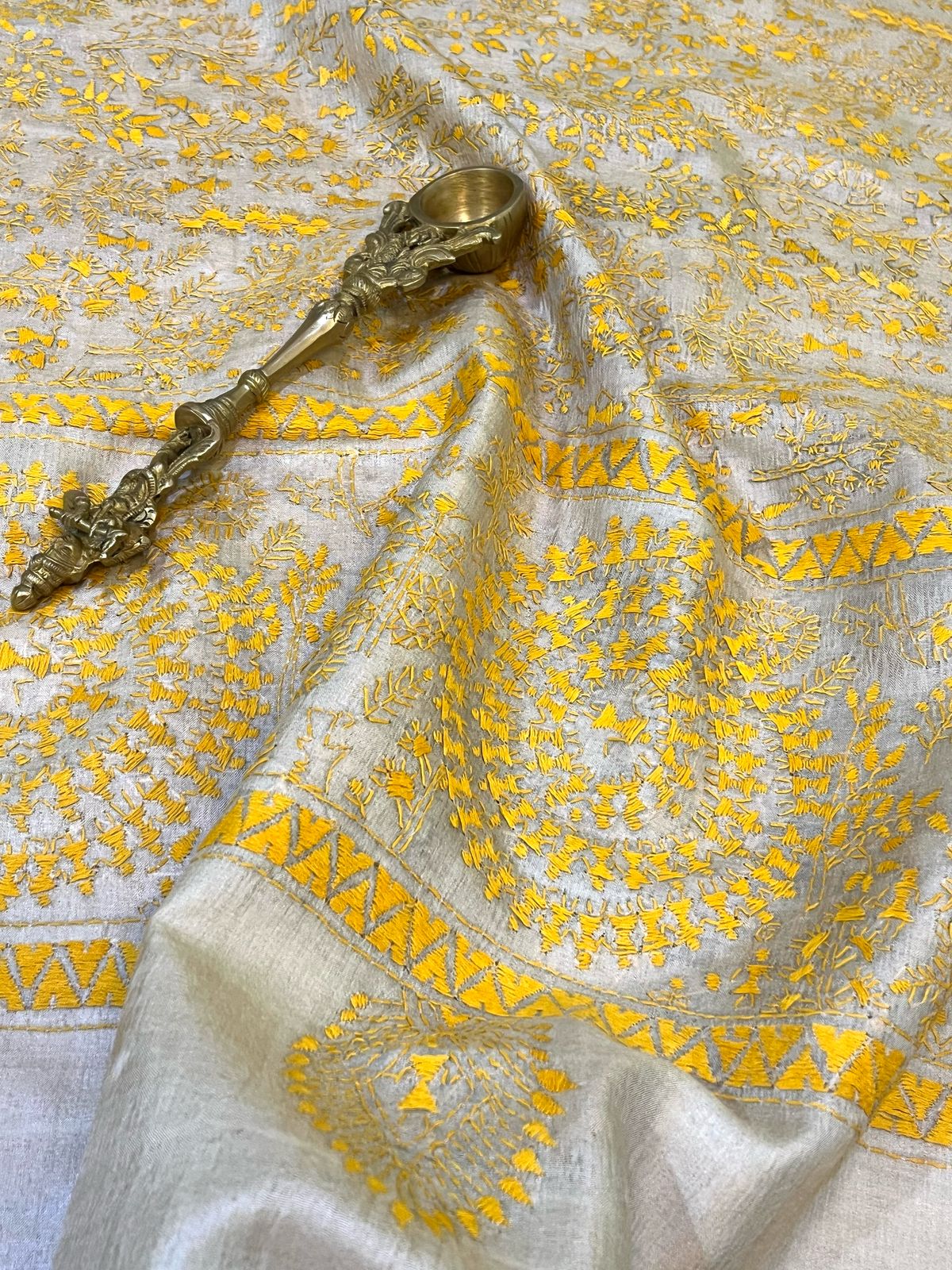 Pure Tussar Silk Handwoven Dupatta with intricate Hand Kantha Tribal Embroidery - Beige with Yellow