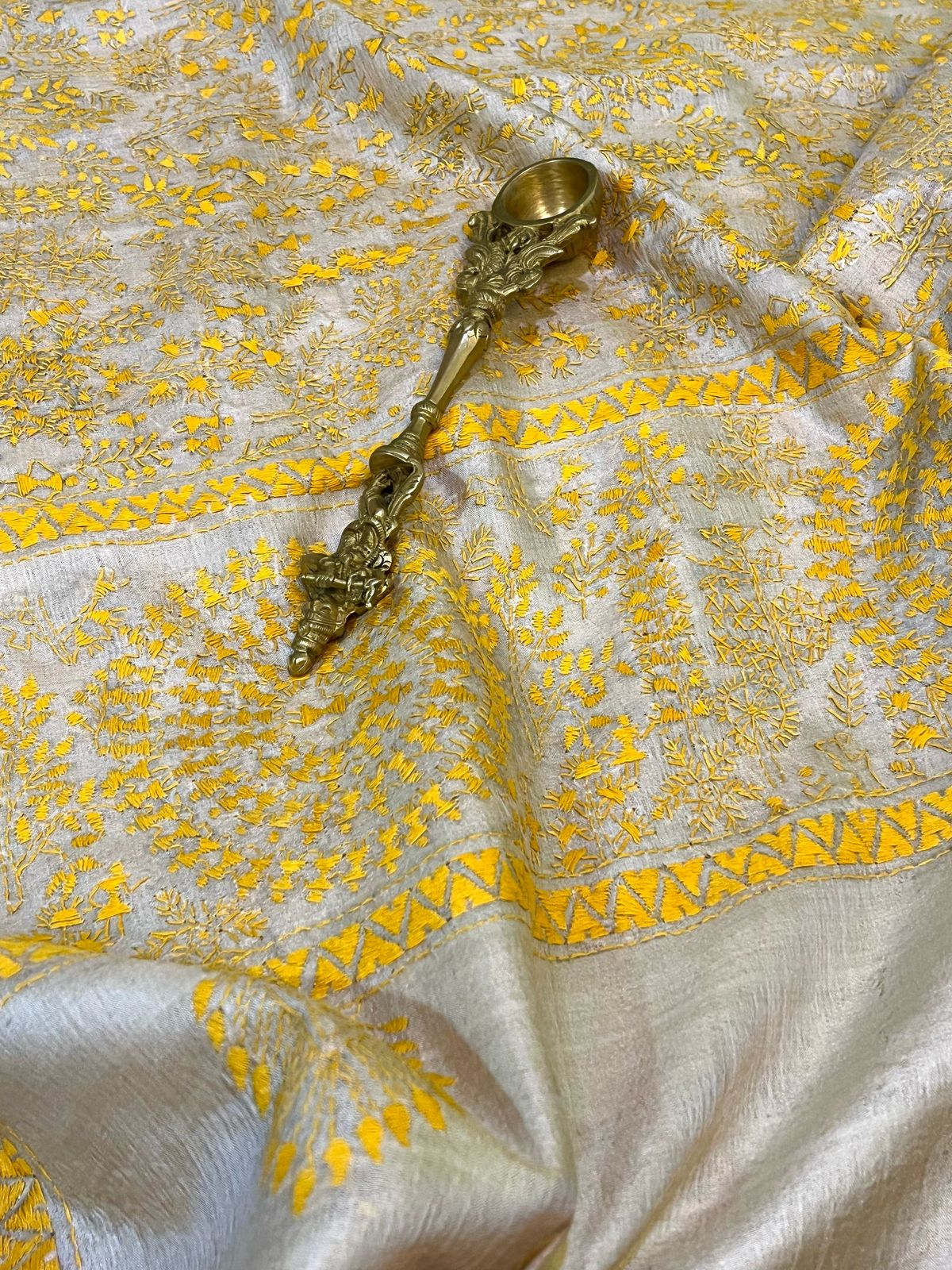 Pure Tussar Silk Handwoven Dupatta with intricate Hand Kantha Tribal Embroidery - Beige with Yellow