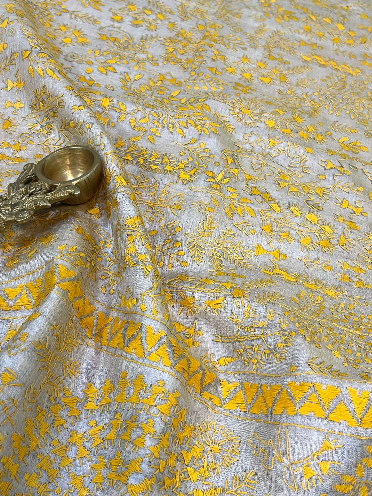 Pure Tussar Silk Handwoven Dupatta with intricate Hand Kantha Tribal Embroidery - Beige with Yellow