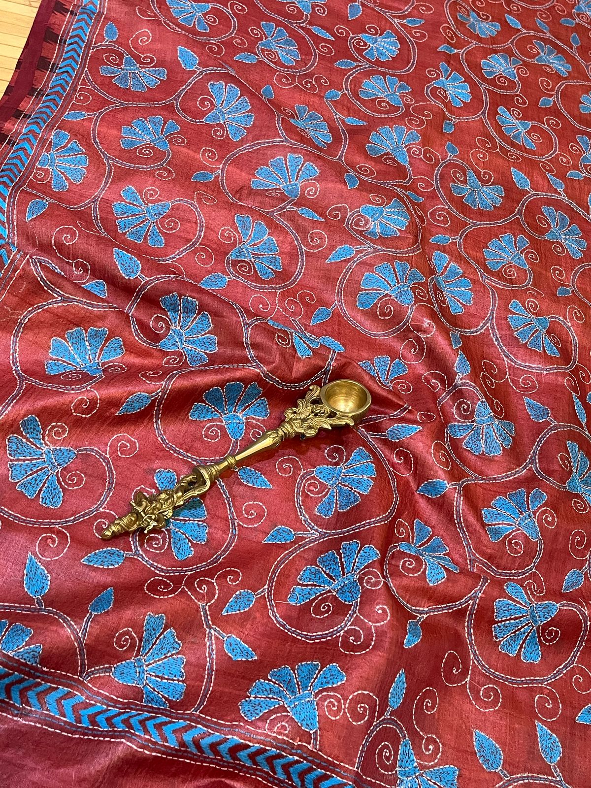 Pure Tussar Silk Handwoven Dupatta with intricate Hand Kantha Embroidery - Maroon with Blue