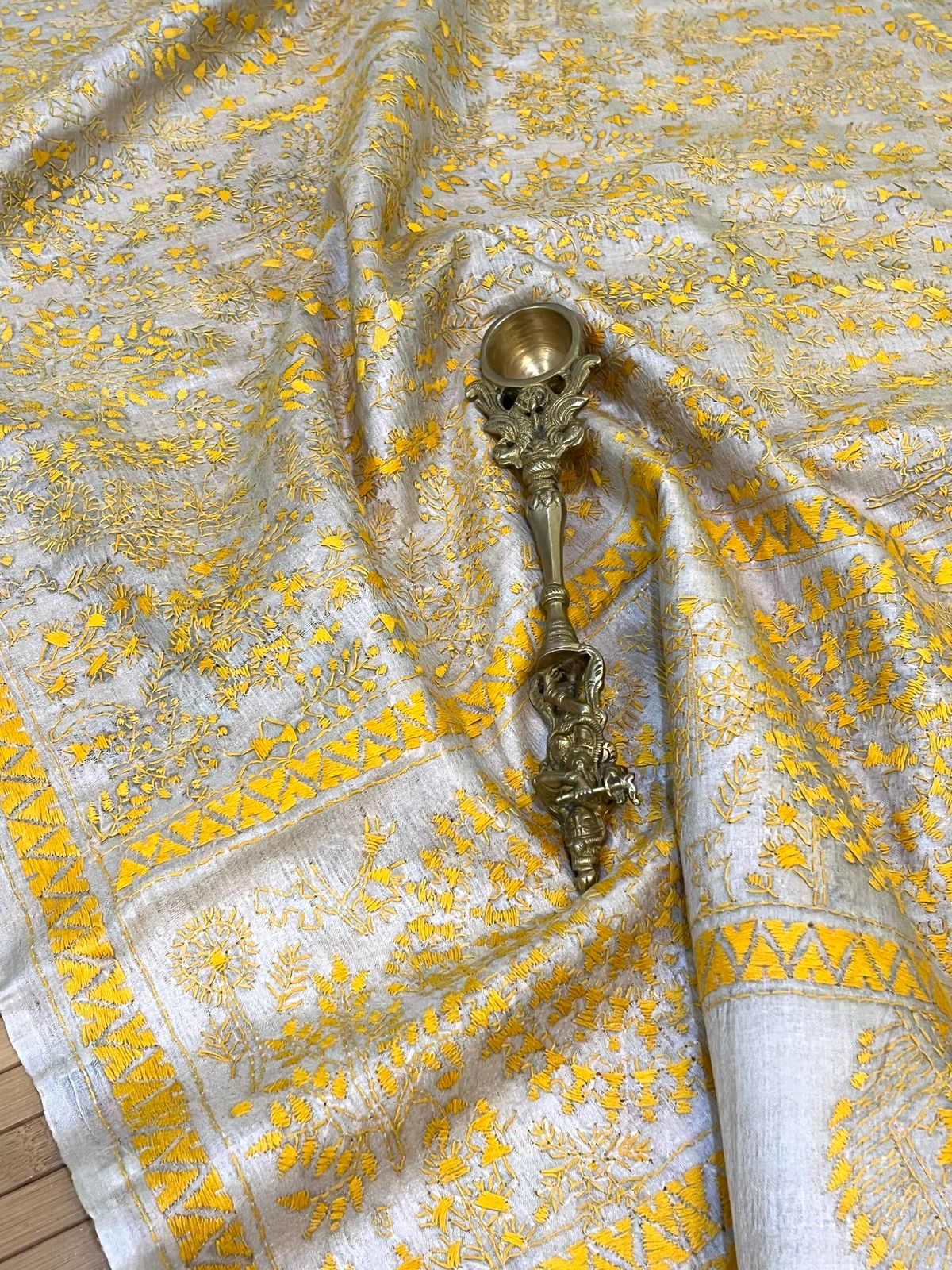 Pure Tussar Silk Handwoven Dupatta with intricate Hand Kantha Tribal Embroidery - Beige with Yellow