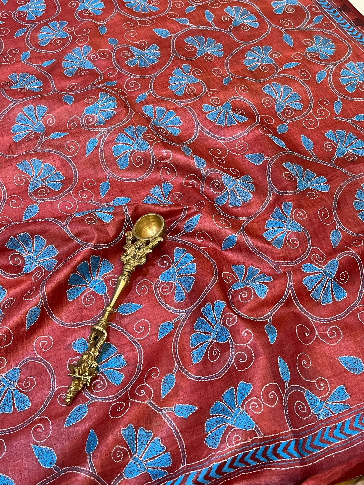 Pure Tussar Silk Handwoven Dupatta with intricate Hand Kantha Embroidery - Maroon with Blue