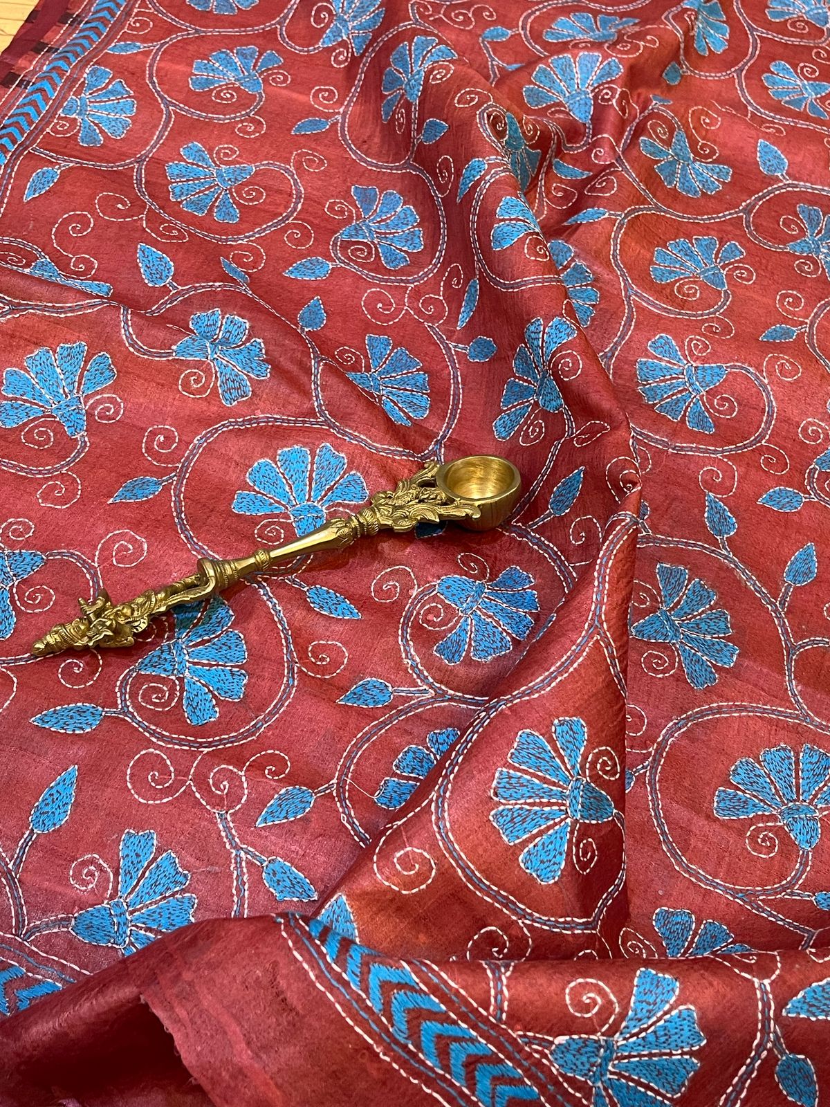 Pure Tussar Silk Handwoven Dupatta with intricate Hand Kantha Embroidery - Maroon with Blue