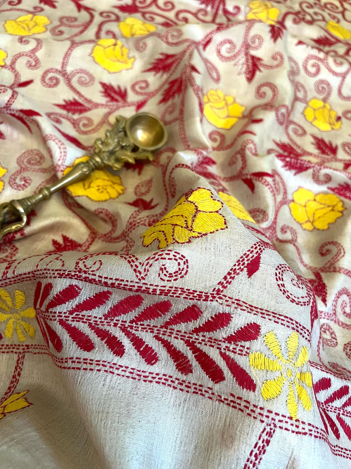 Pure Tussar Silk Handwoven Dupatta with intricate Hand Kantha Embroidery - Off White Floral