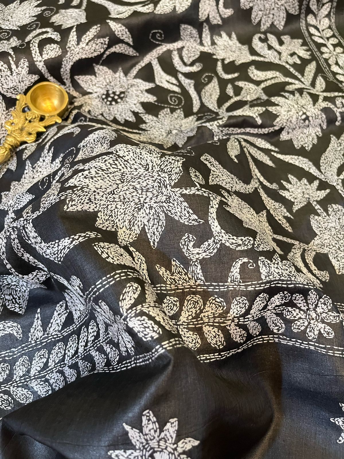 Pure Tussar Silk Handwoven Dupatta with intricate Hand Kantha Embroidery - Charcoal Black