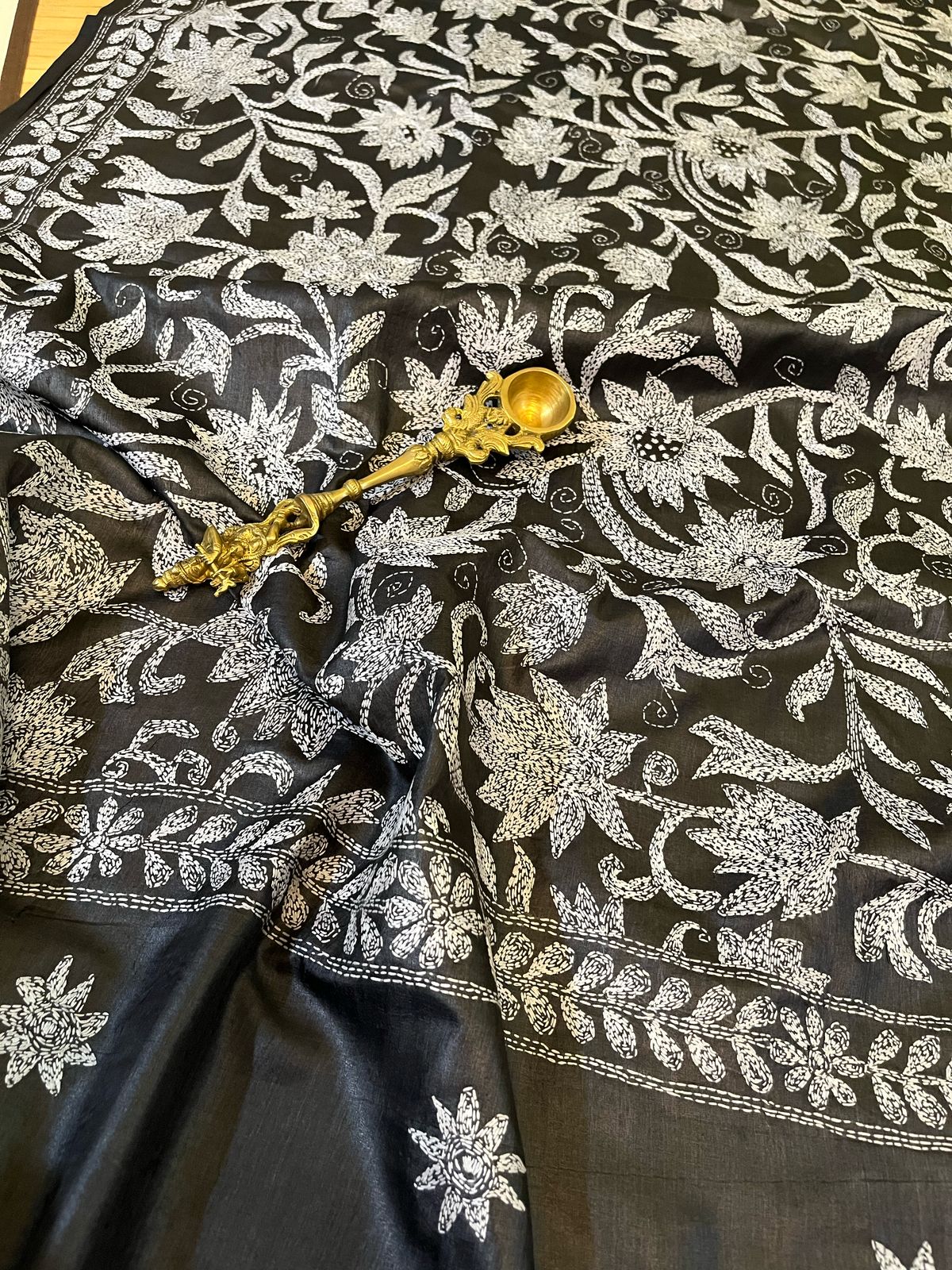 Pure Tussar Silk Handwoven Dupatta with intricate Hand Kantha Embroidery - Charcoal Black