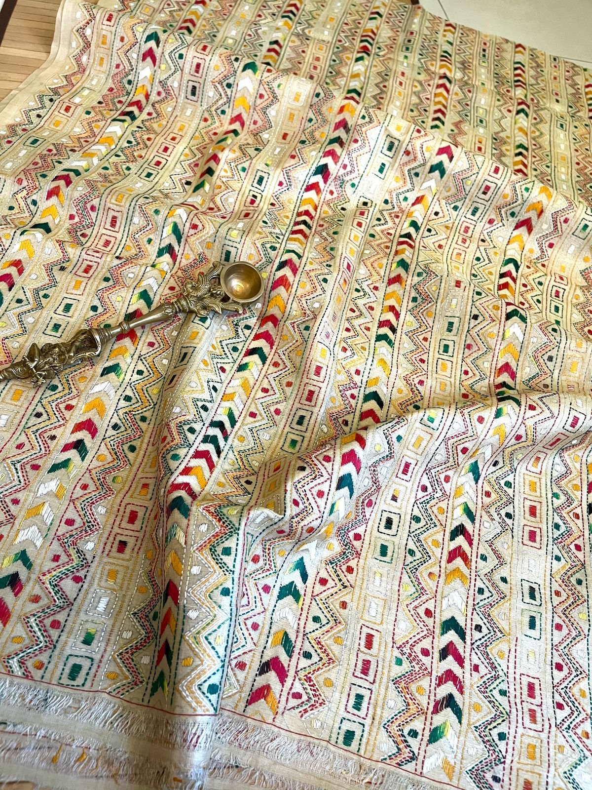 Pure Tussar Silk Handwoven Dupatta with intricate Hand Kantha Embroidery - Beige Multicolour
