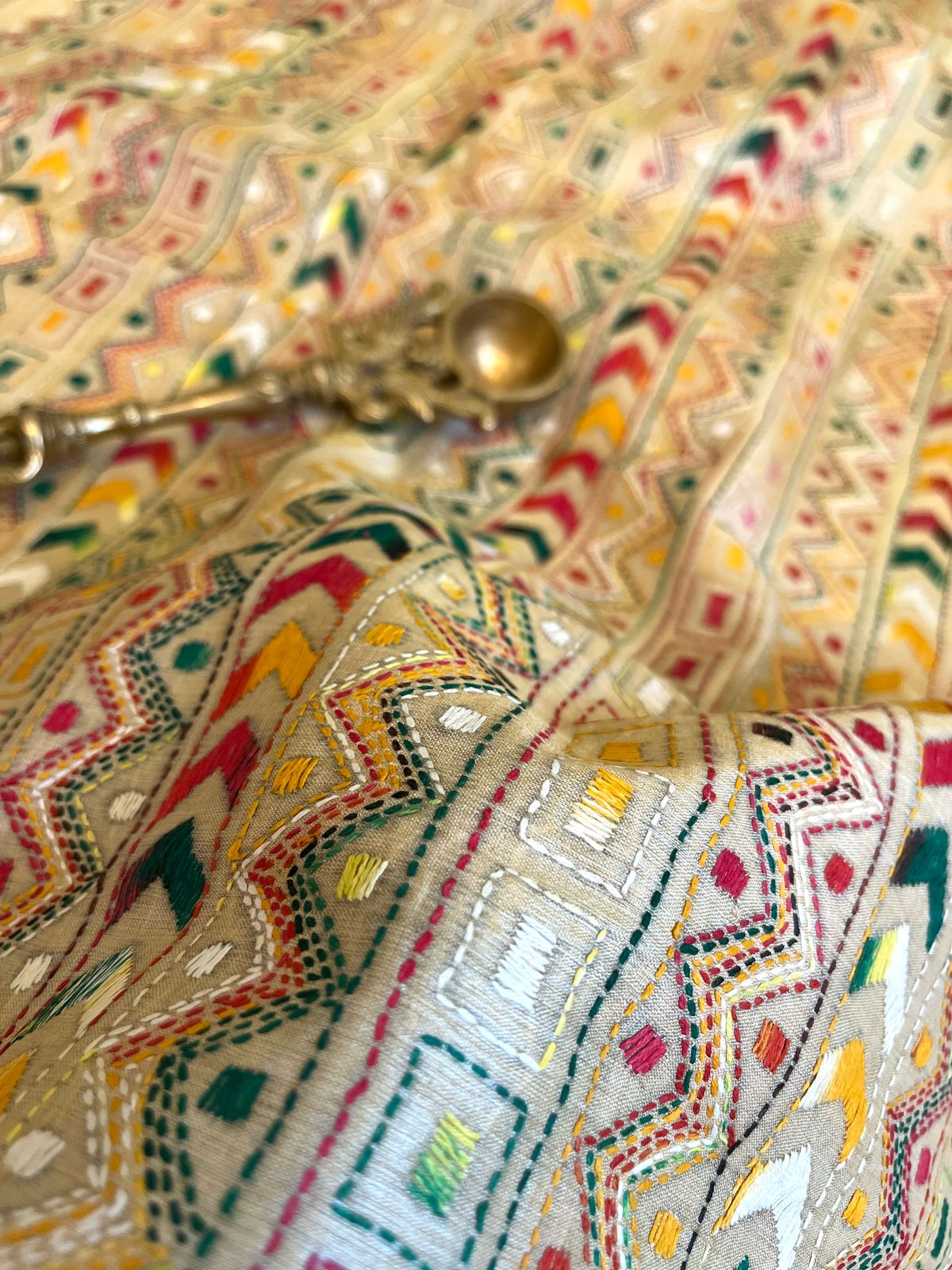 Pure Tussar Silk Handwoven Dupatta with intricate Hand Kantha Embroidery - Beige Multicolour