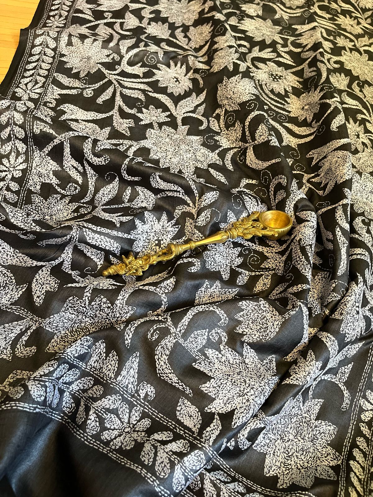 Pure Tussar Silk Handwoven Dupatta with intricate Hand Kantha Embroidery - Charcoal Black