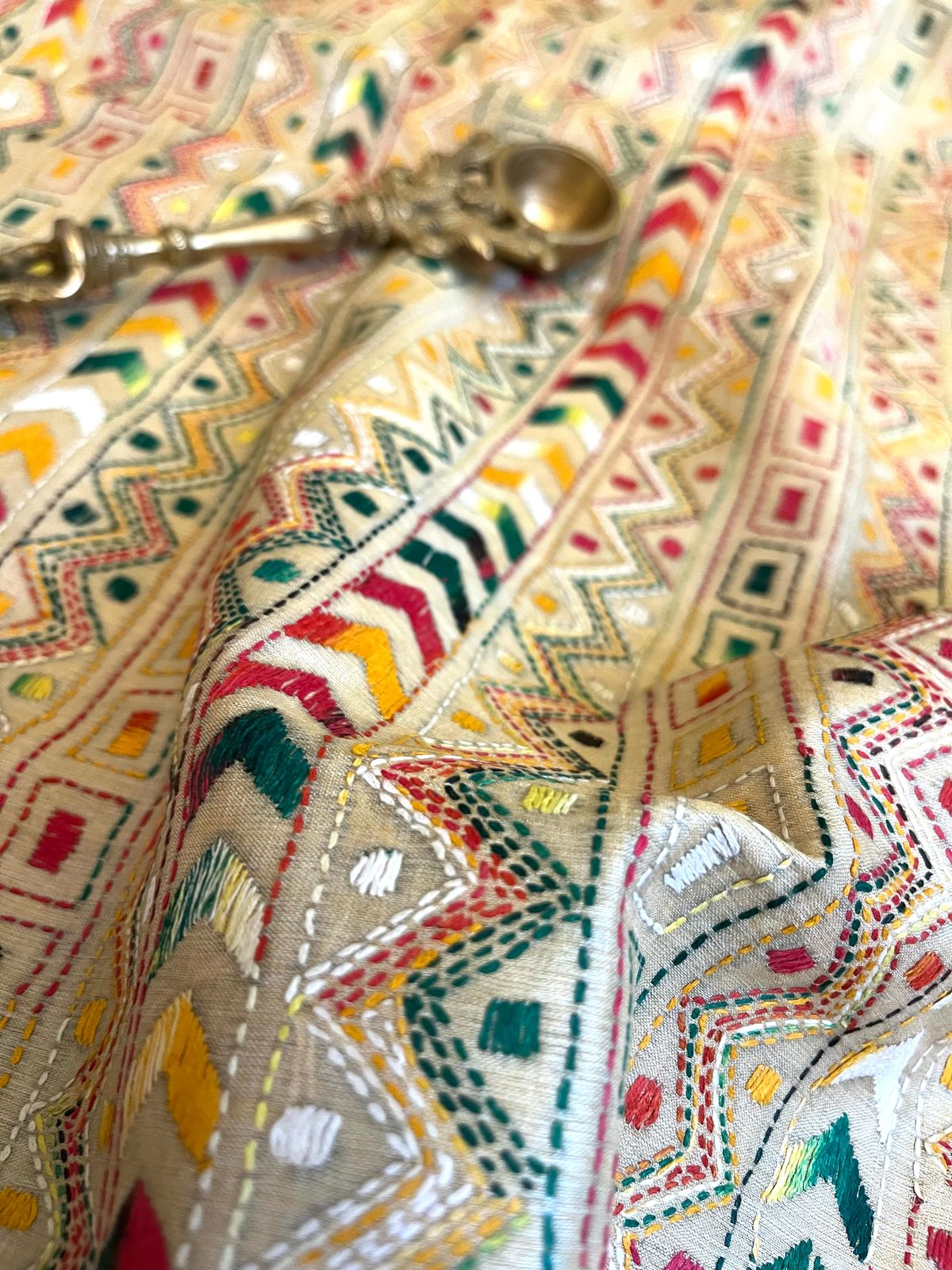 Pure Tussar Silk Handwoven Dupatta with intricate Hand Kantha Embroidery - Beige Multicolour