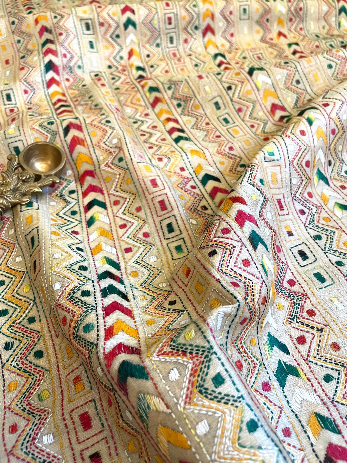 Pure Tussar Silk Handwoven Dupatta with intricate Hand Kantha Embroidery - Beige Multicolour