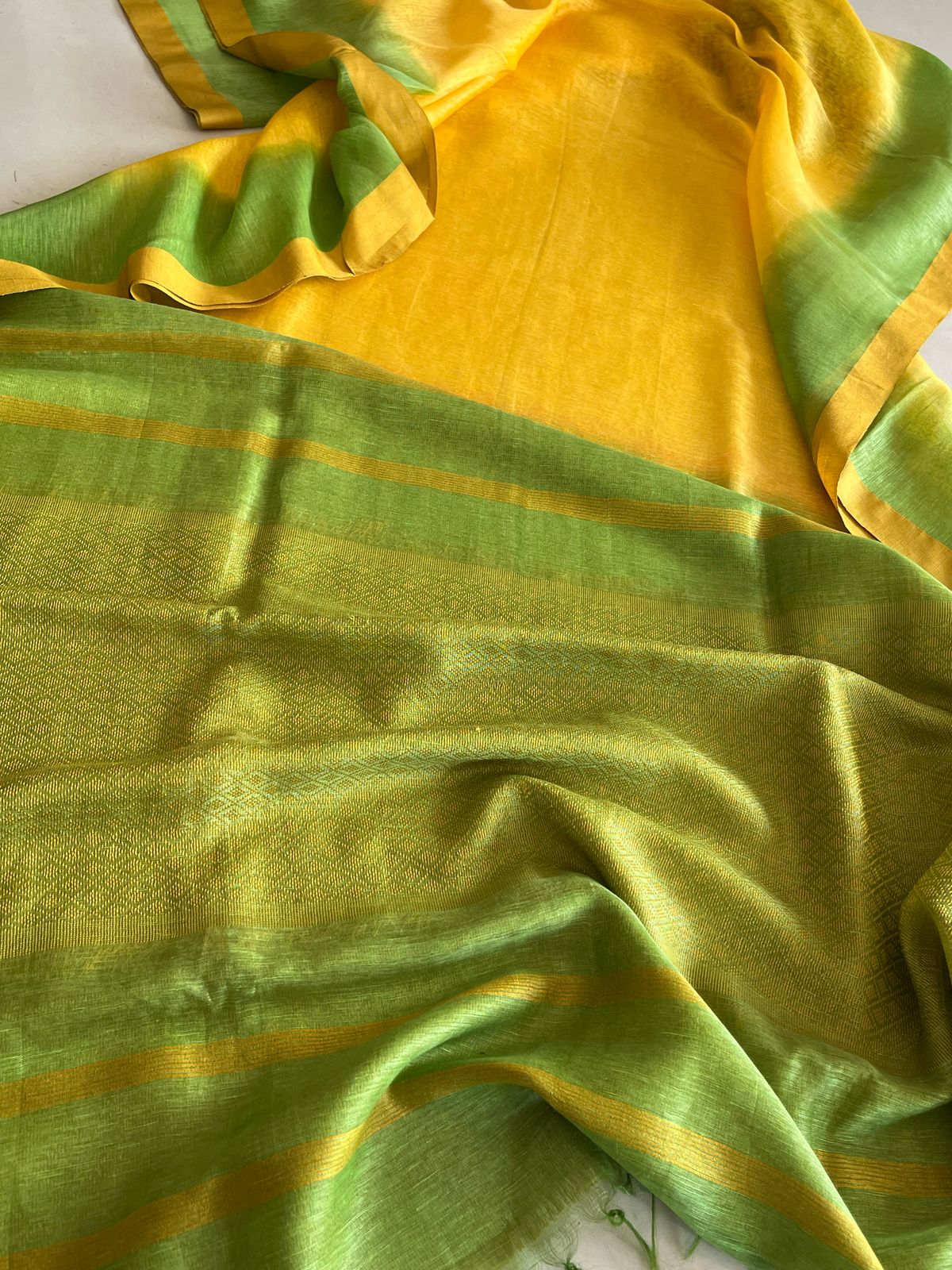 Pure Linen Tussar Saree with woven palla - Yellow and Green