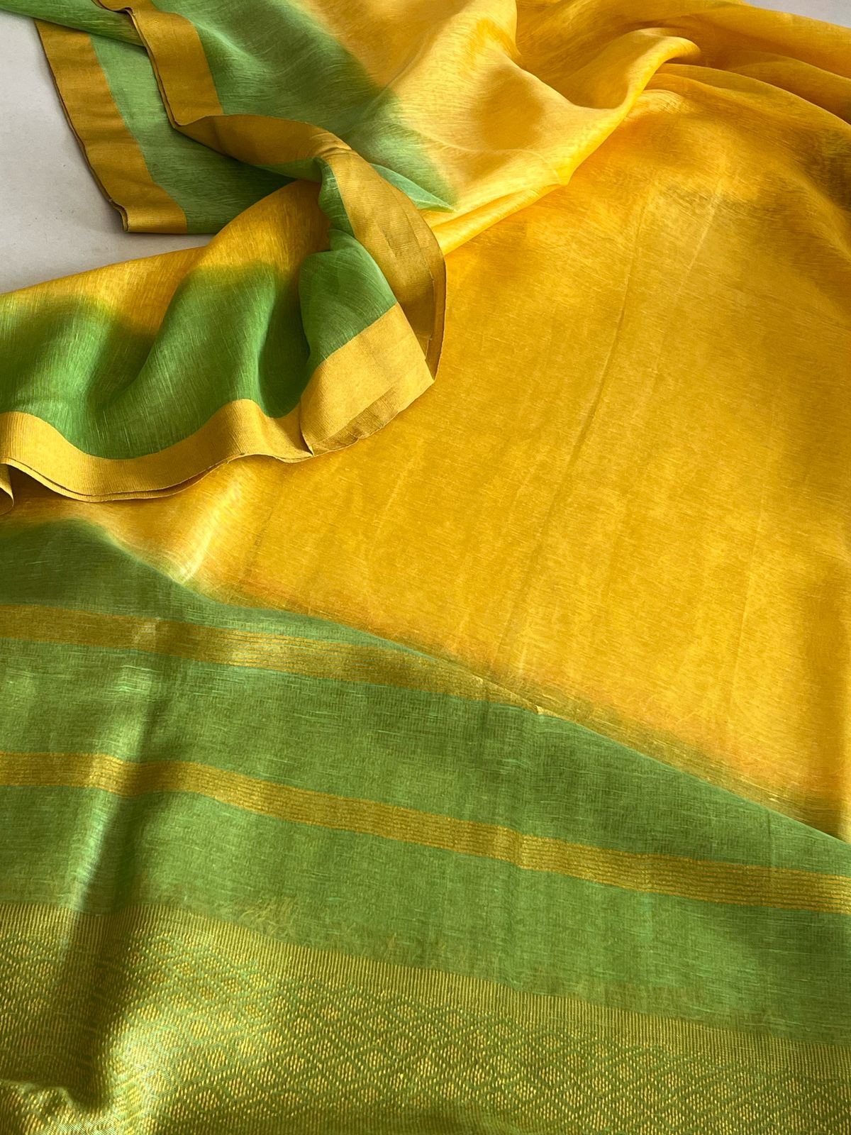 Pure Linen Tussar Saree with woven palla - Yellow and Green