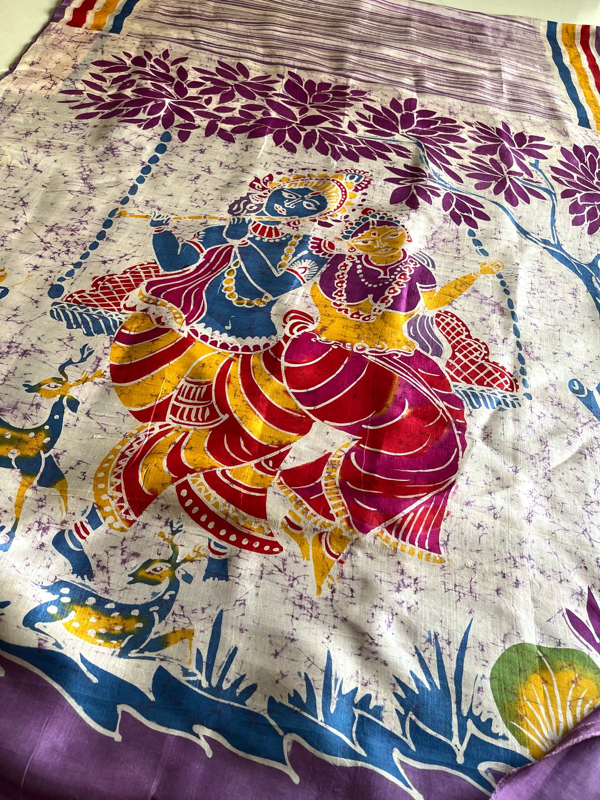 Very exclusive Pure Tussar Silk Saree with Wax Batik Handwork - Radha Krishna Rasleela