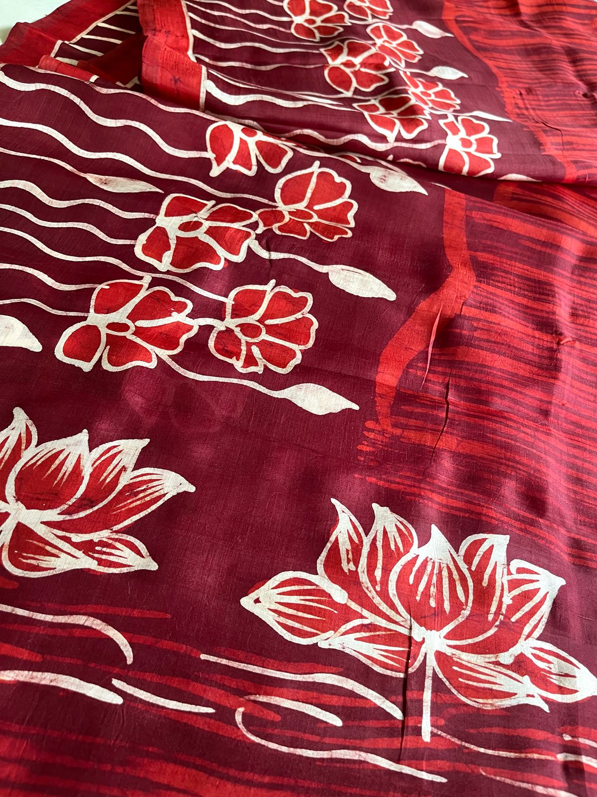 Very exclusive Pure Tussar Silk Saree with Wax Batik Handwork - Shades of Red