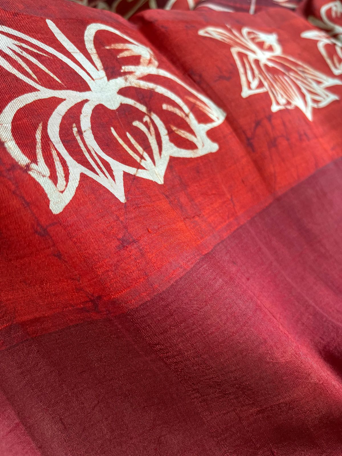 Very exclusive Pure Tussar Silk Saree with Wax Batik Handwork - Shades of Red