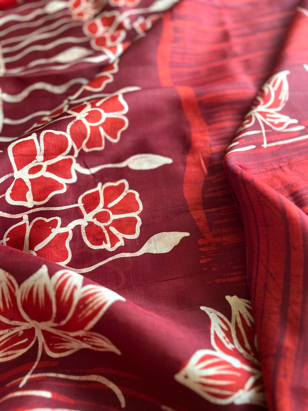 Very exclusive Pure Tussar Silk Saree with Wax Batik Handwork - Shades of Red