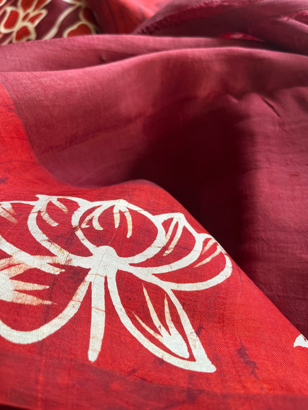 Very exclusive Pure Tussar Silk Saree with Wax Batik Handwork - Shades of Red