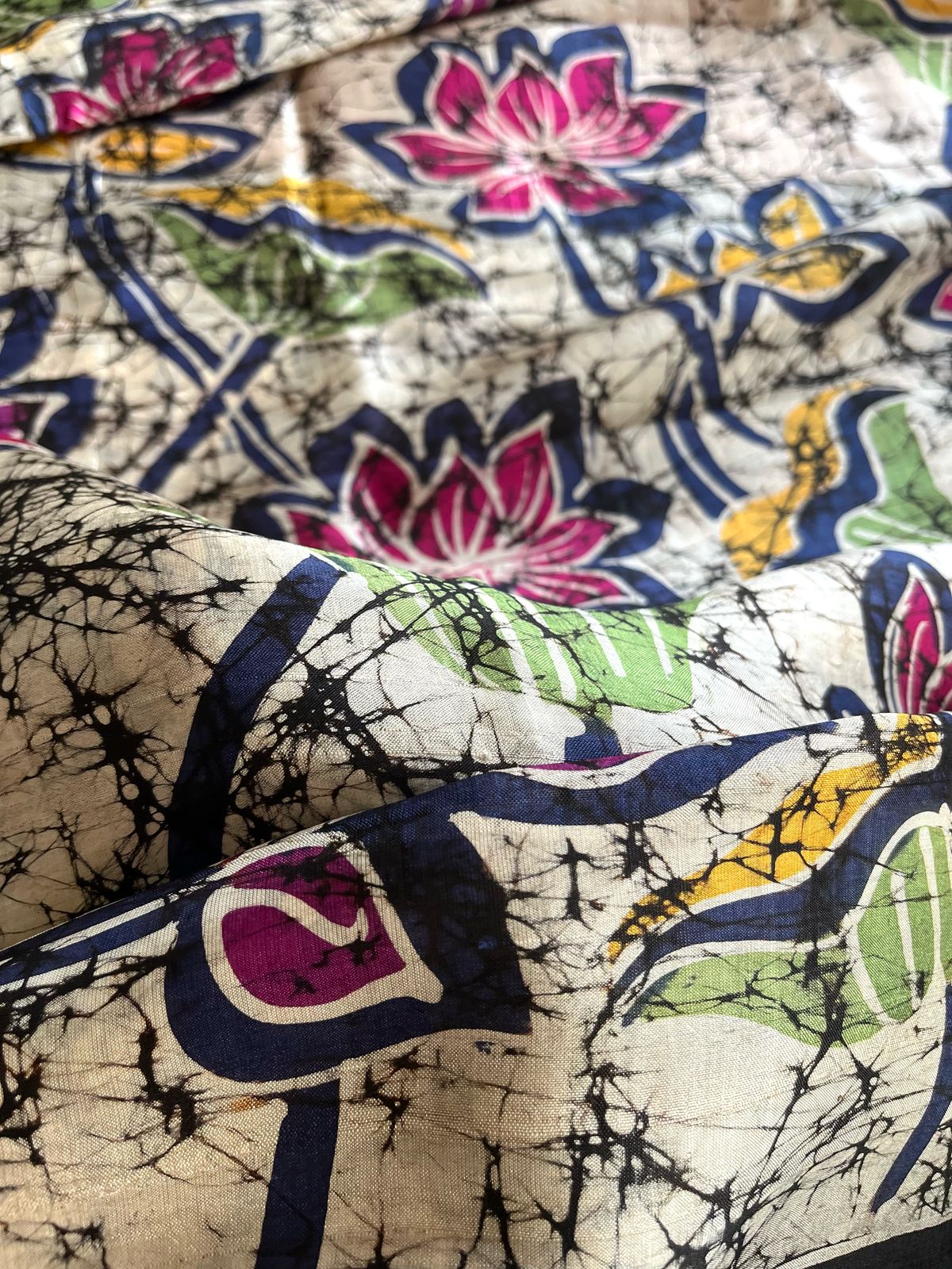 Very exclusive Pure Tussar Silk Saree with Wax Batik Handwork - Yellow Floral