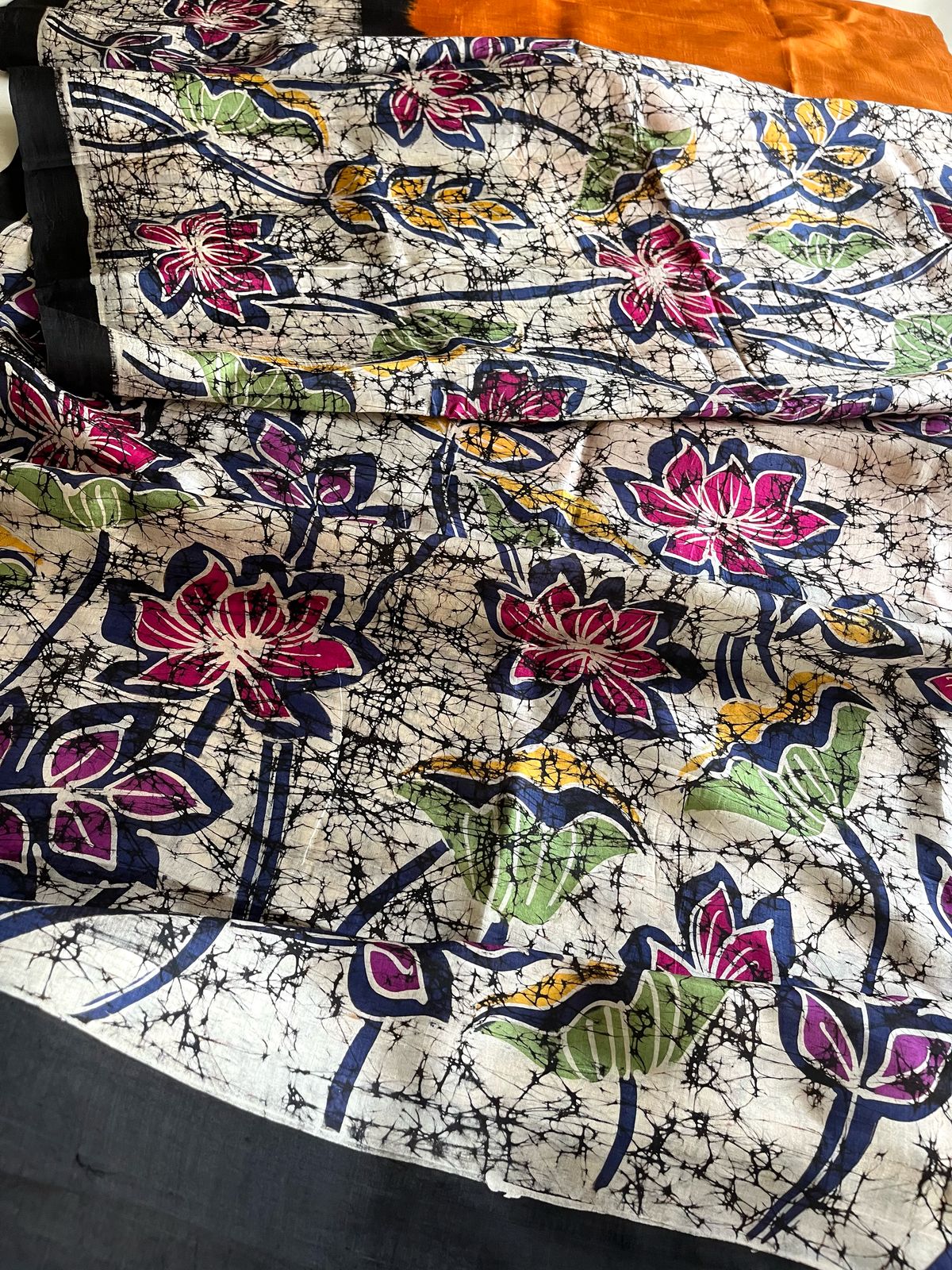 Very exclusive Pure Tussar Silk Saree with Wax Batik Handwork - Yellow Floral