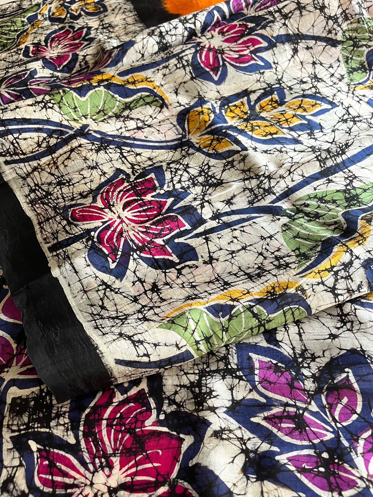 Very exclusive Pure Tussar Silk Saree with Wax Batik Handwork - Yellow Floral