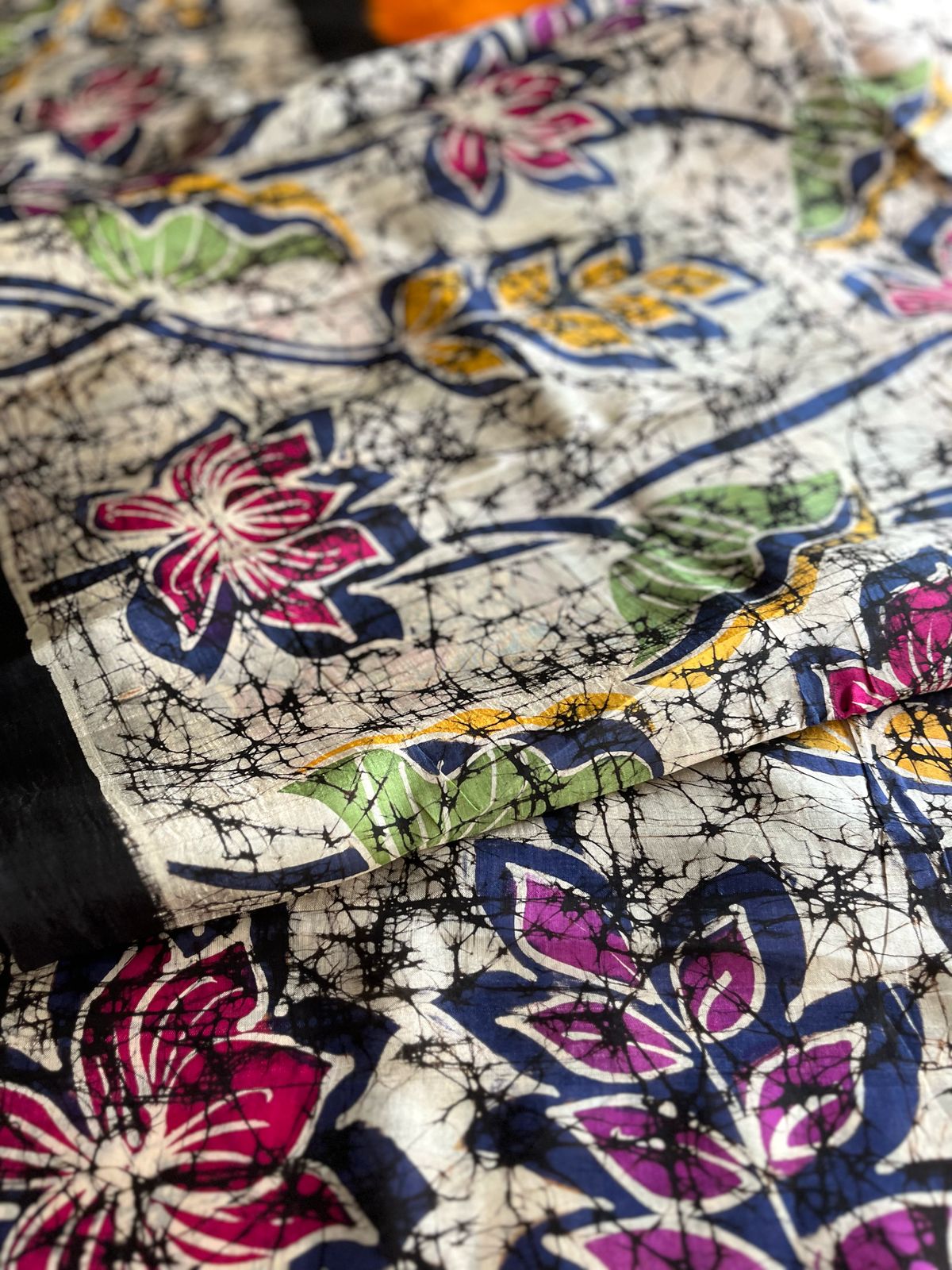 Very exclusive Pure Tussar Silk Saree with Wax Batik Handwork - Yellow Floral