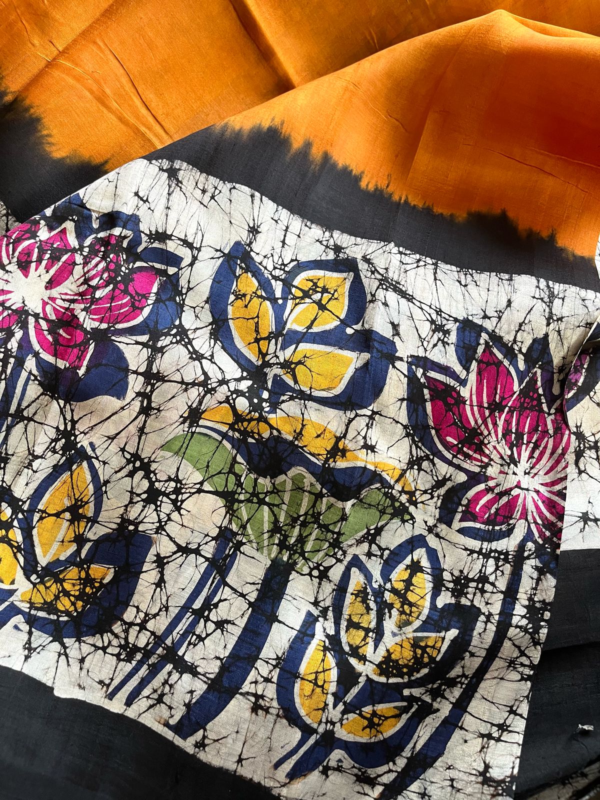 Very exclusive Pure Tussar Silk Saree with Wax Batik Handwork - Yellow Floral